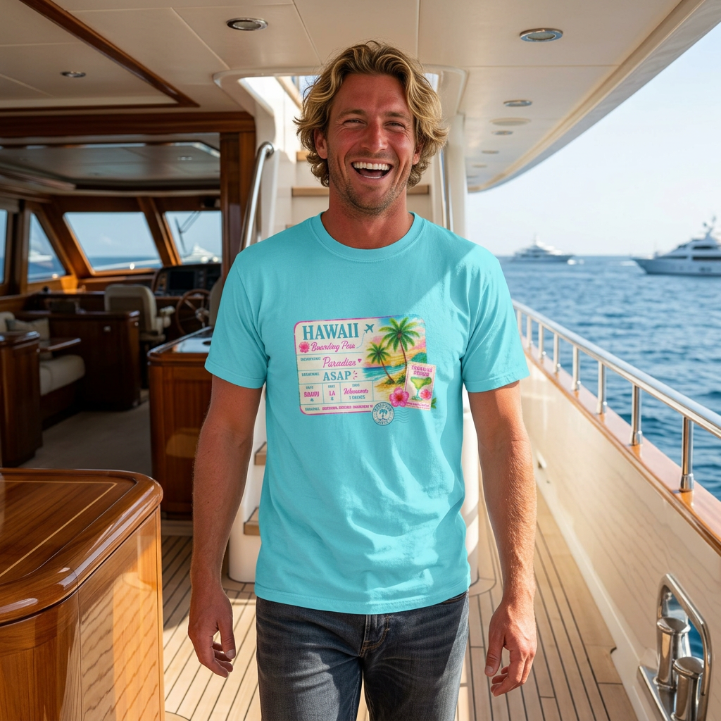Man on a yacht wearing a blue t-shirt with a Hawaii-themed graphic