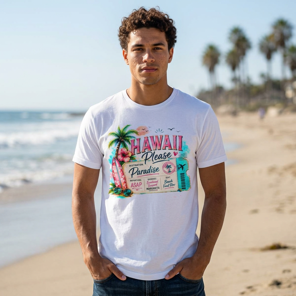 Man wearing a white t-shirt with a colorful 'Hawaii Please' design on a beach.