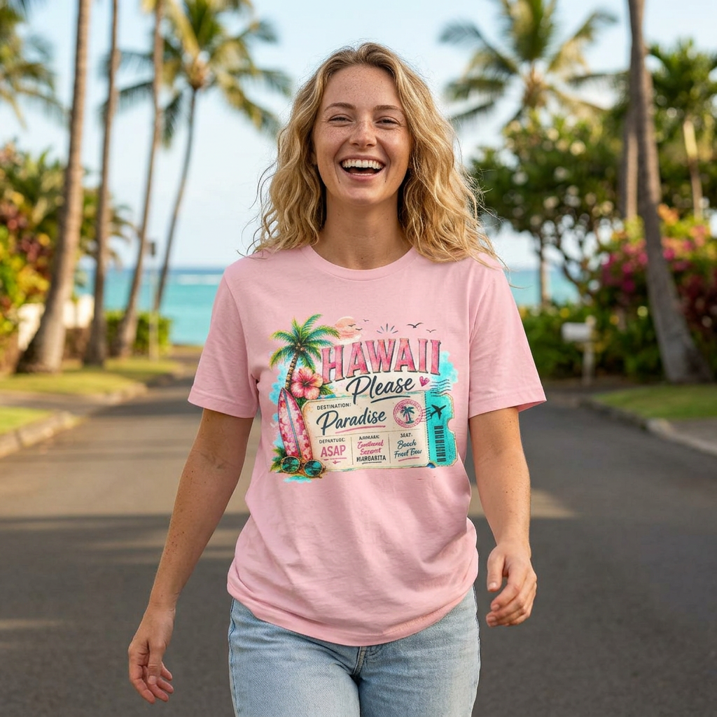 Woman wearing a pink t-shirt with 'Hawaii Please' design, standing on a street with palm trees and ocean in the background.