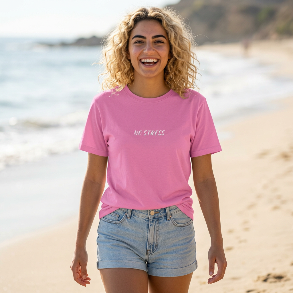 Woman wearing a pink t-shirt with 'No Stress' text on a beach