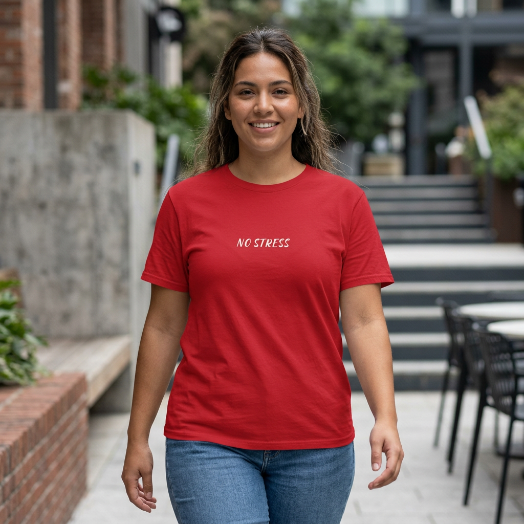 Woman wearing a red 'NO STRESS' t-shirt outdoors.