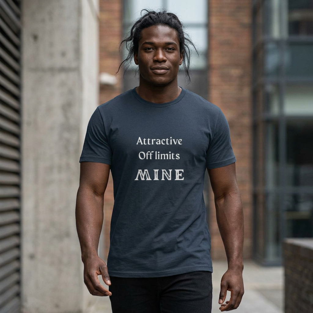 Man wearing a dark blue t-shirt with text in an urban setting