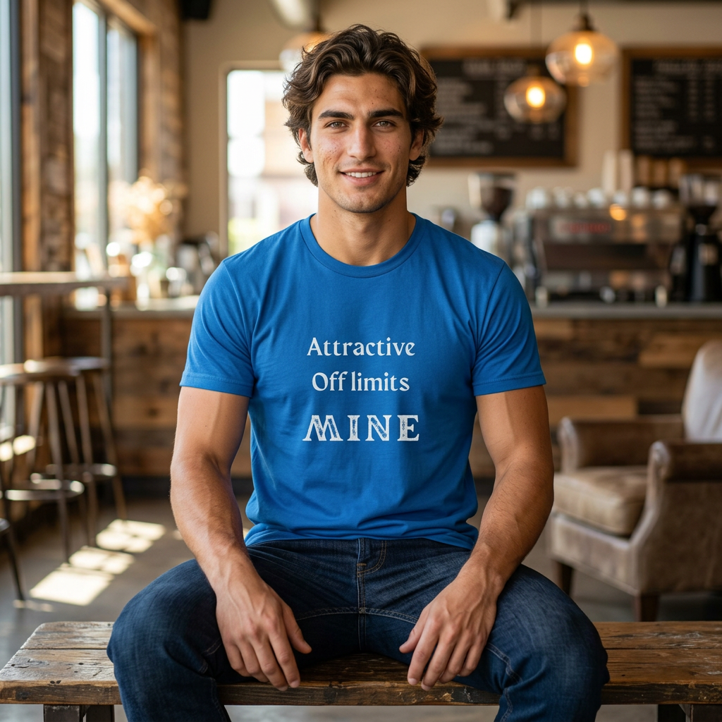 Man wearing a blue t-shirt with text in a casual setting