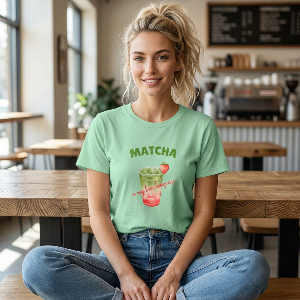 Matcha Strawberry Tea T-Shirt — “Matcha is my love language” Cute Bubble Tea Graphic Tee