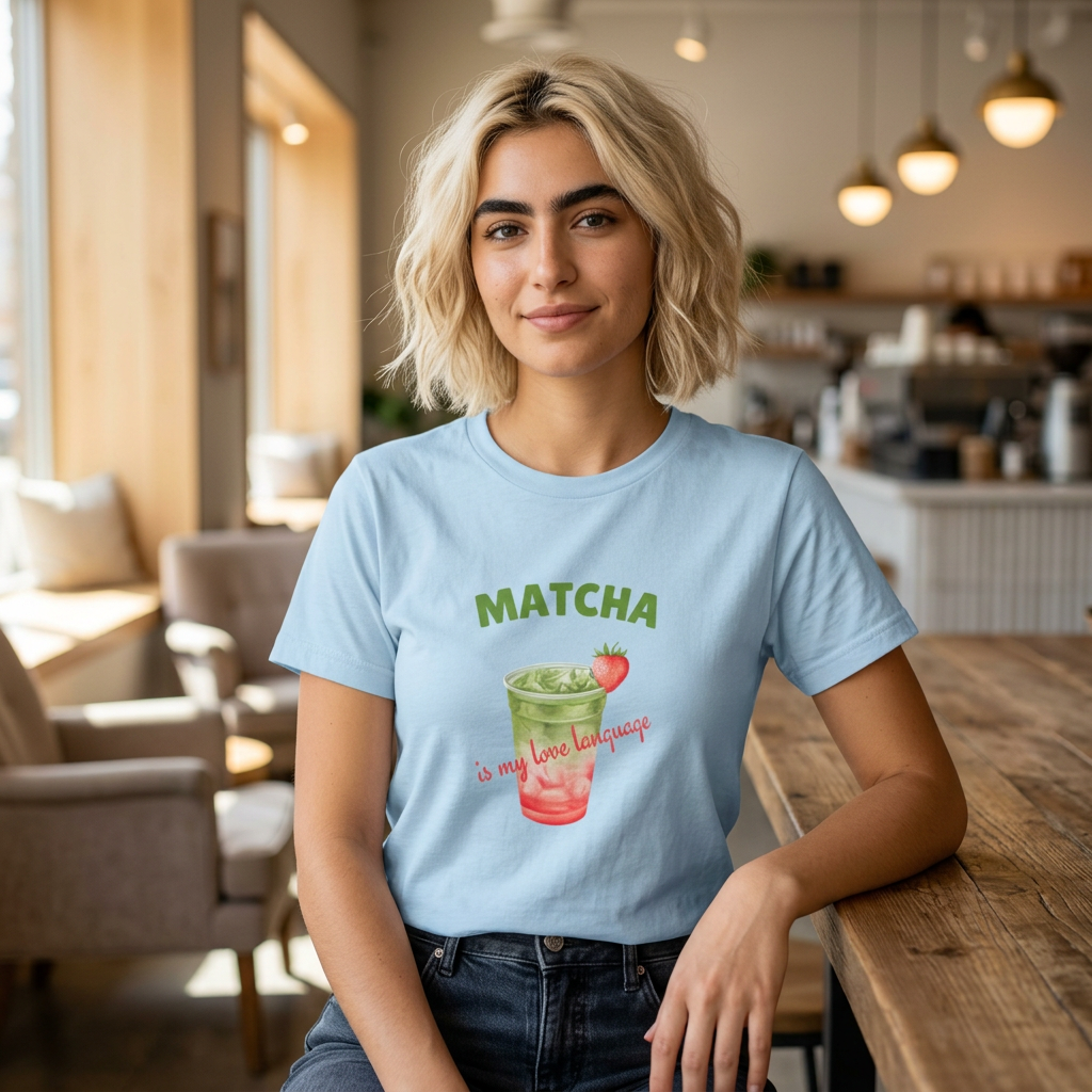 Matcha Strawberry Tea T-Shirt — “Matcha is my love language” Cute Bubble Tea Graphic Tee