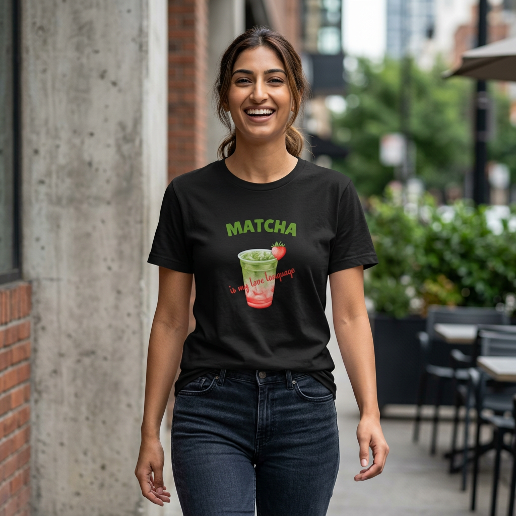 Matcha Strawberry Tea T-Shirt — “Matcha is my love language” Cute Bubble Tea Graphic Tee