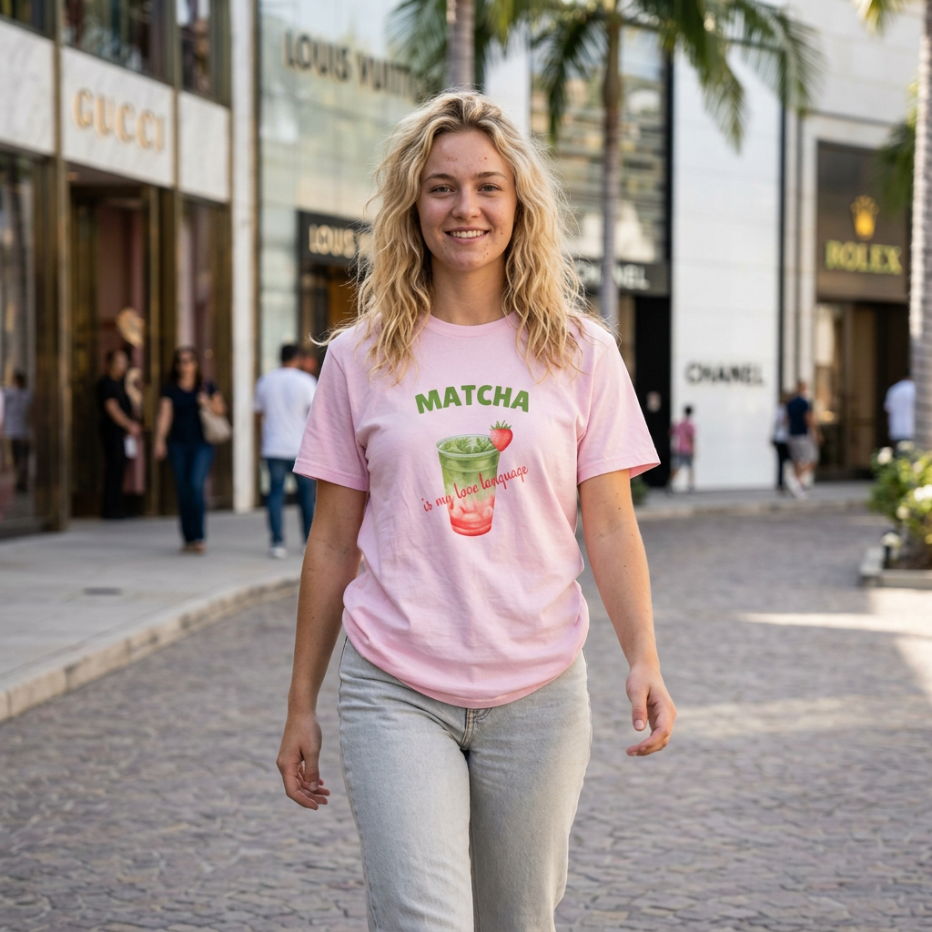 A woman walking down a cobblestone street wearing a light pink t-shirt with a green and red 'MATCHA' graphic, set against a background of luxury storefronts including Gucci, Louis Vuitton, Chanel, and Rolex.
