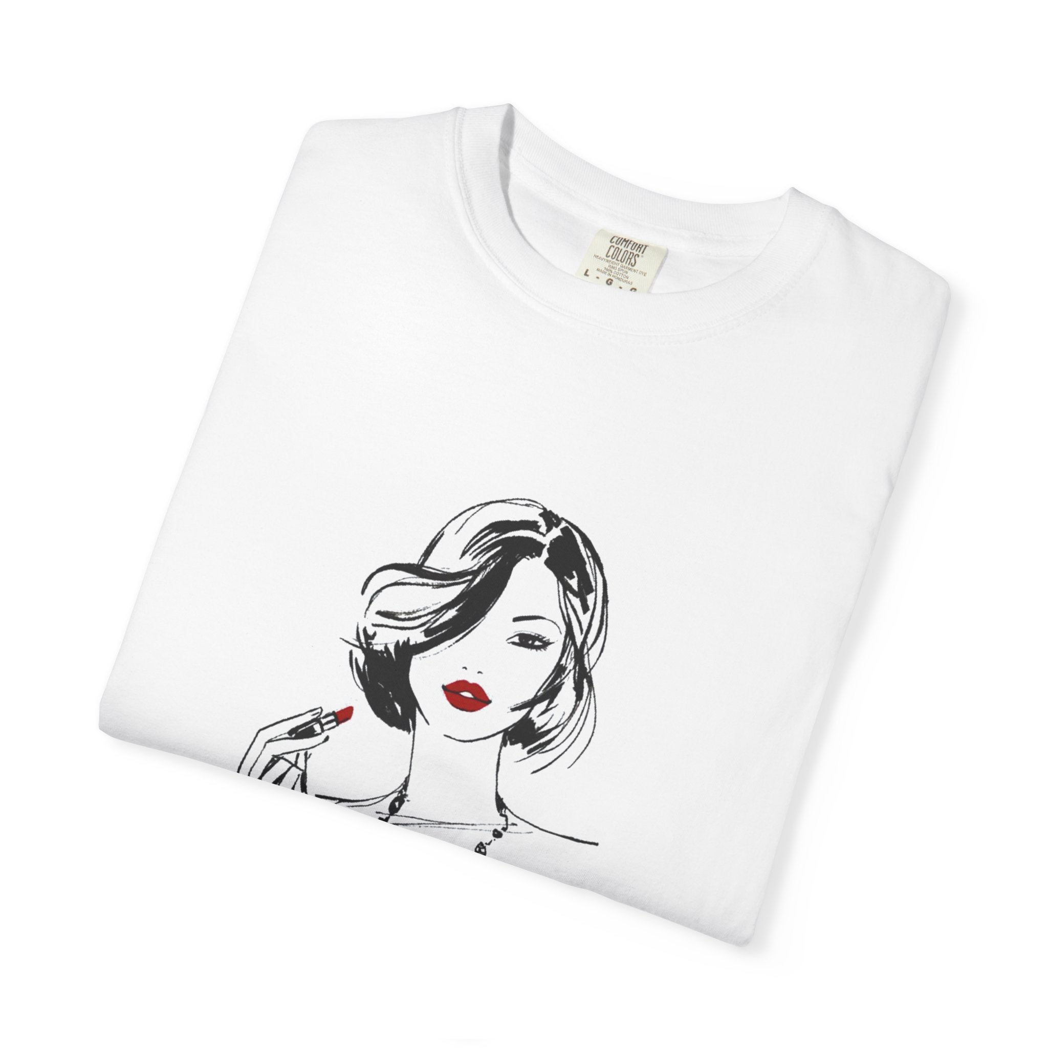 White t-shirt with a graphic of a woman's face holding a lipstick on a white background