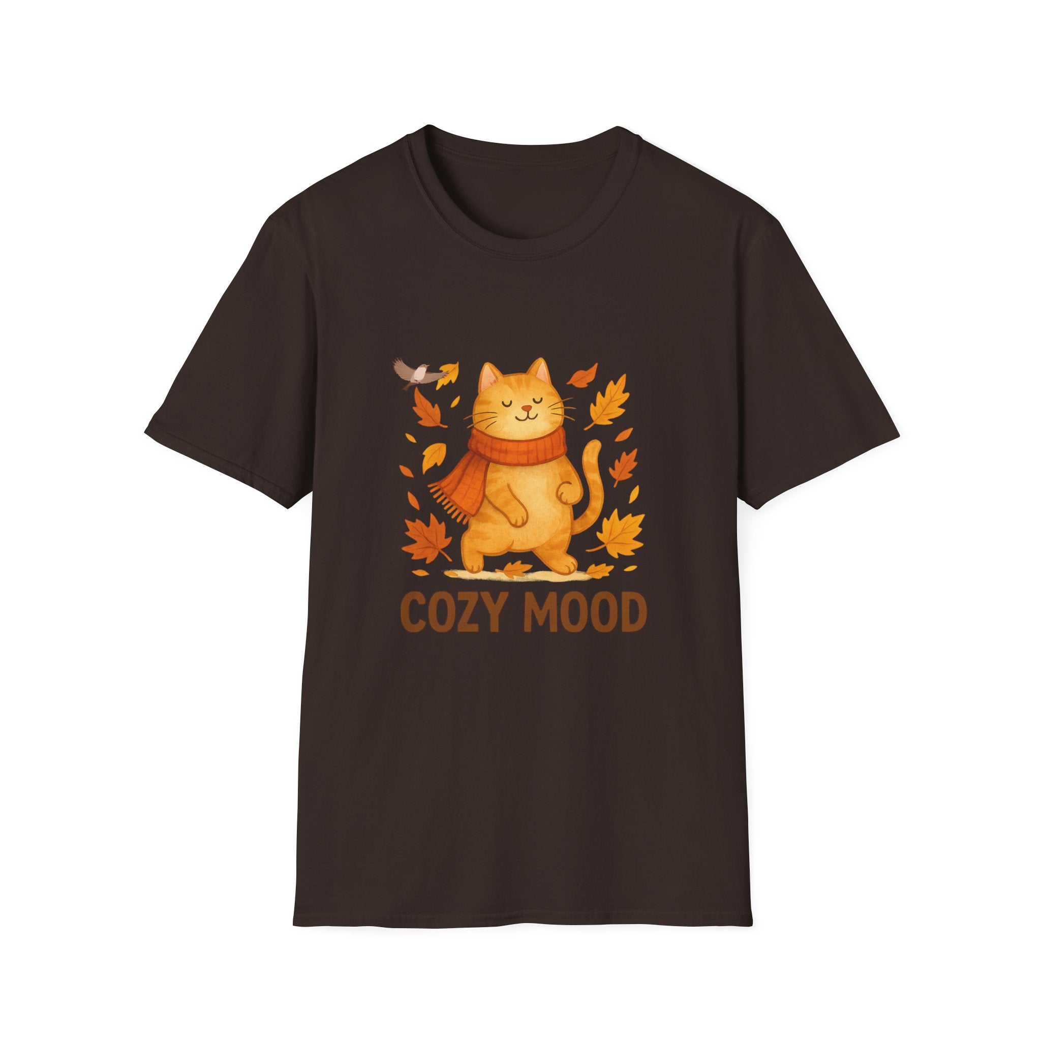 Brown t-shirt with a cat wearing a scarf and autumn leaves, labeled 'Cozy Mood', on a white background.