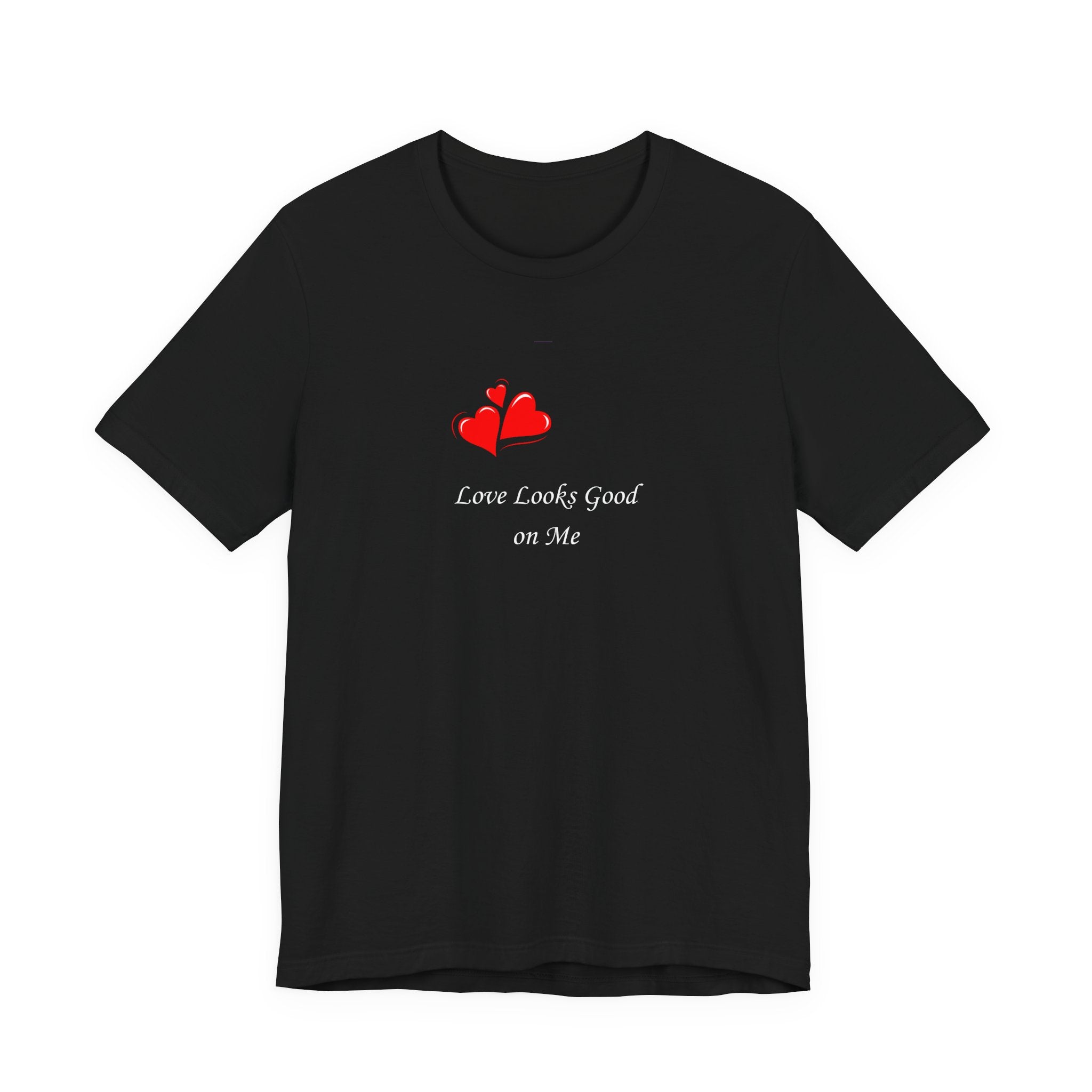 Black t-shirt with red heart design and text on a white background