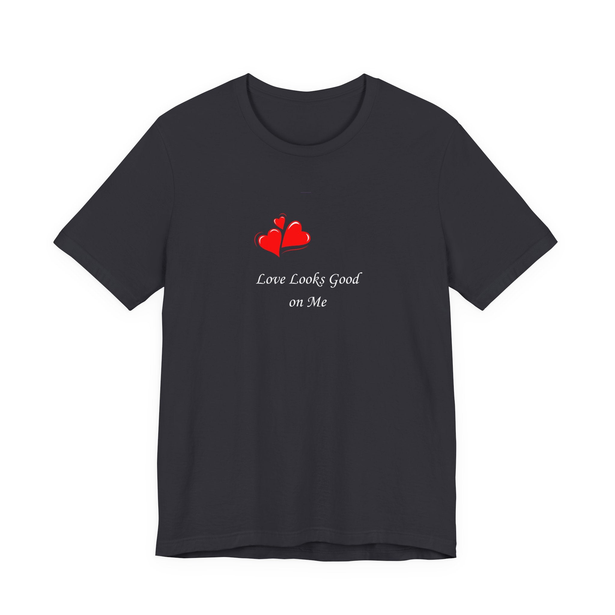Black t-shirt with red heart design and text on a white background