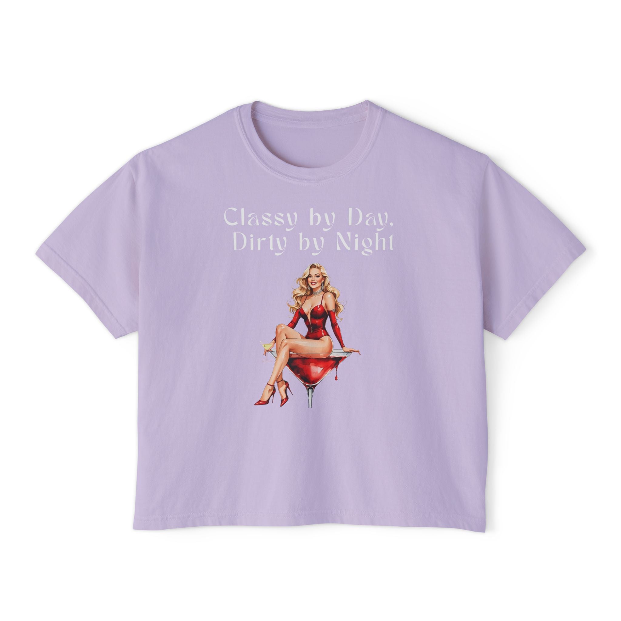 Lavender t-shirt with graphic of a woman in a red dress and text 'Classy by Day, Dirty by Night' on a white background.