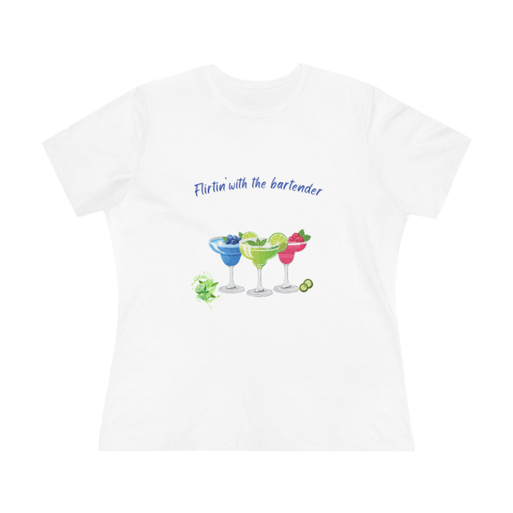 White t-shirt with colorful drink graphics and text 'Flirtin with the bartender' on a white background