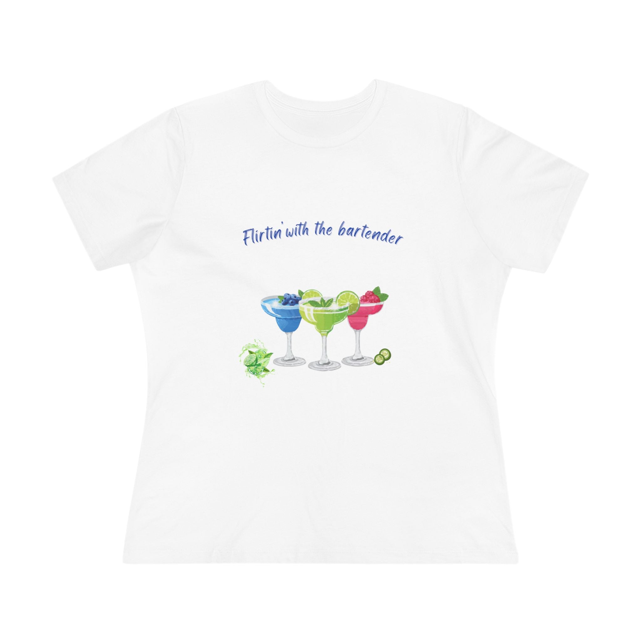 White t-shirt with colorful drink graphics and text 'Flirtin with the bartender' on a white background