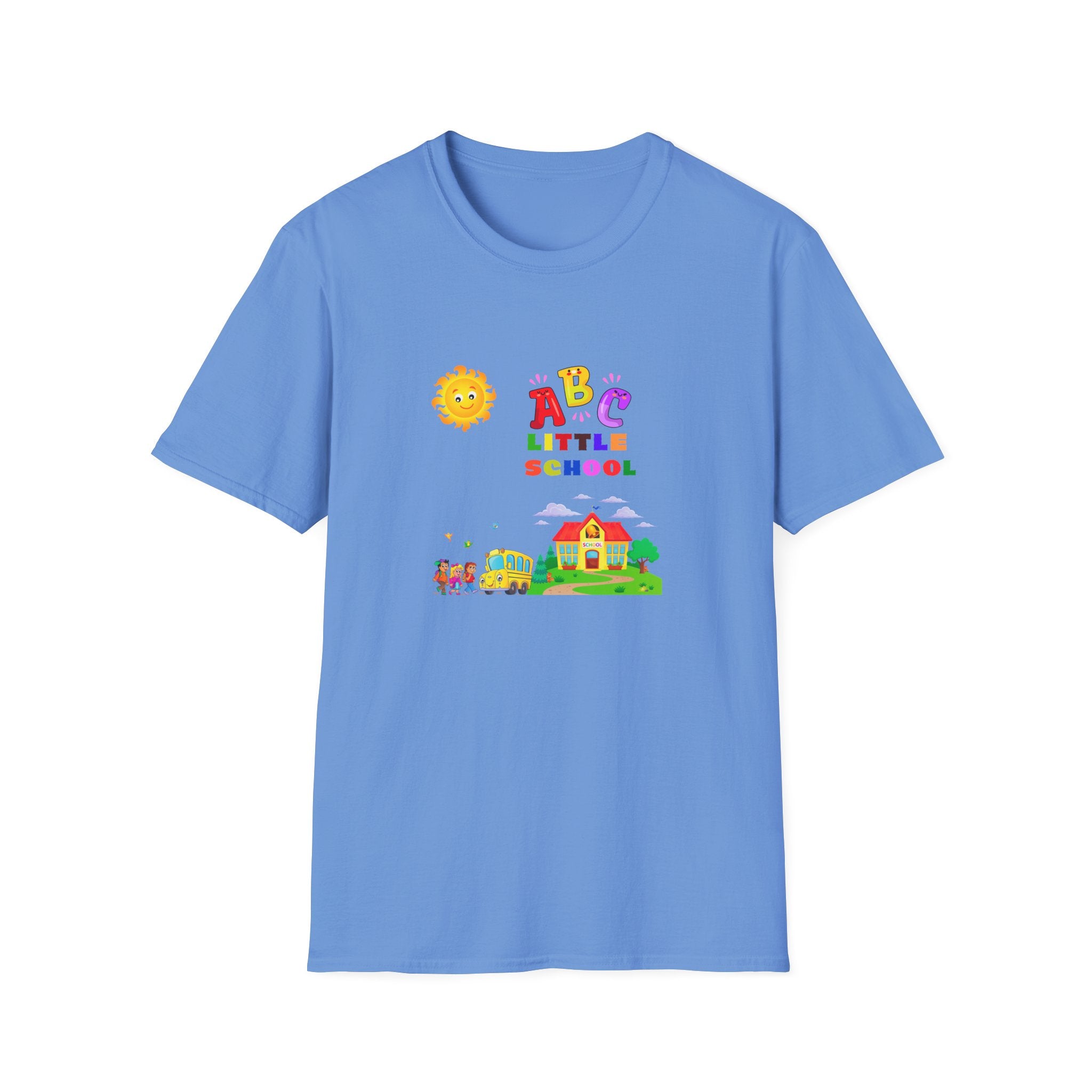 Blue t-shirt with colorful graphic design on a white background