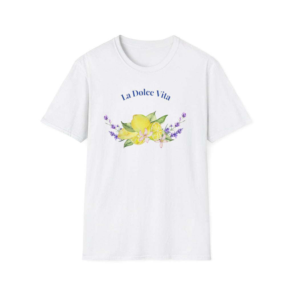 White t-shirt with 'La Dolce Vita' text and floral design on a white background