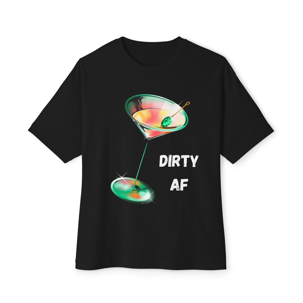 Black t-shirt with a colorful cocktail graphic and 'DIRTY AF' text on a white background