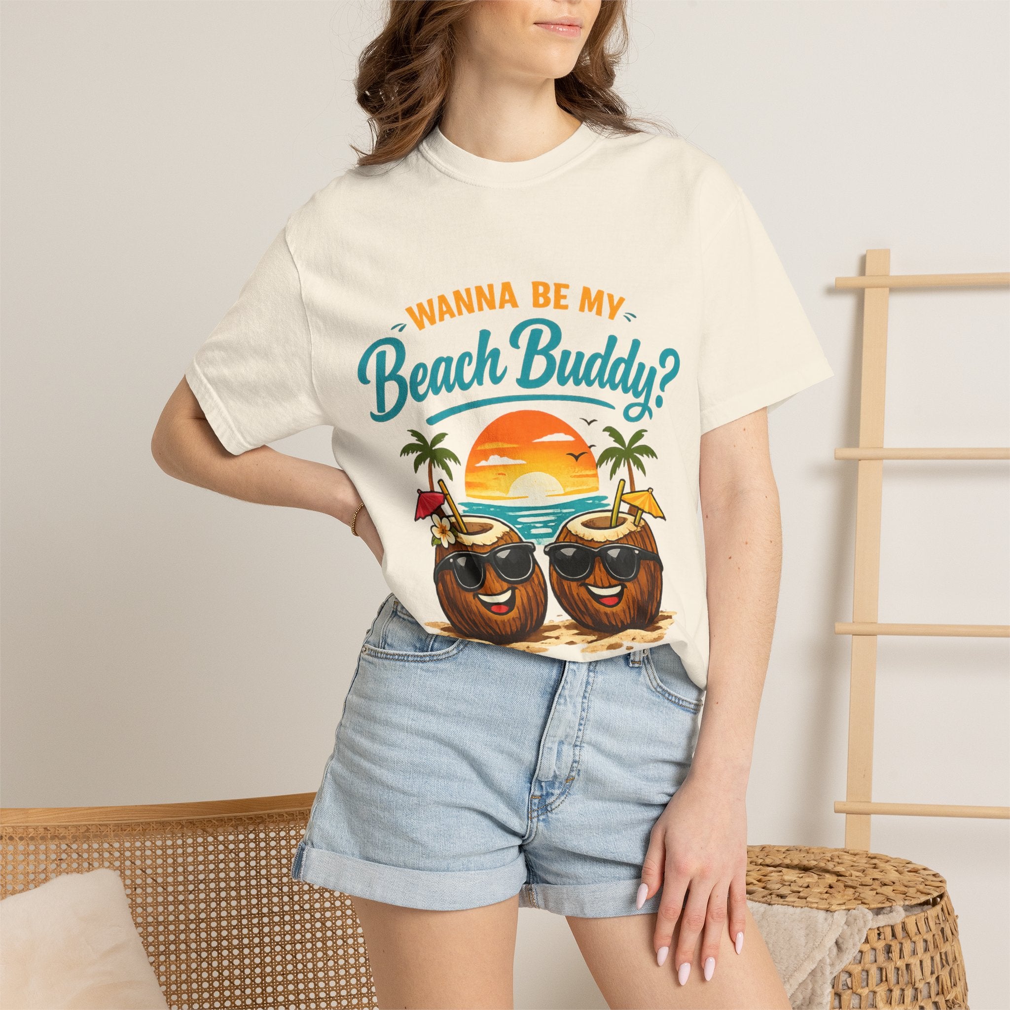 Beach Buddy T-Shirt — "Wanna Be My Beach Buddy?" Tropical Coconut Sunset Tee