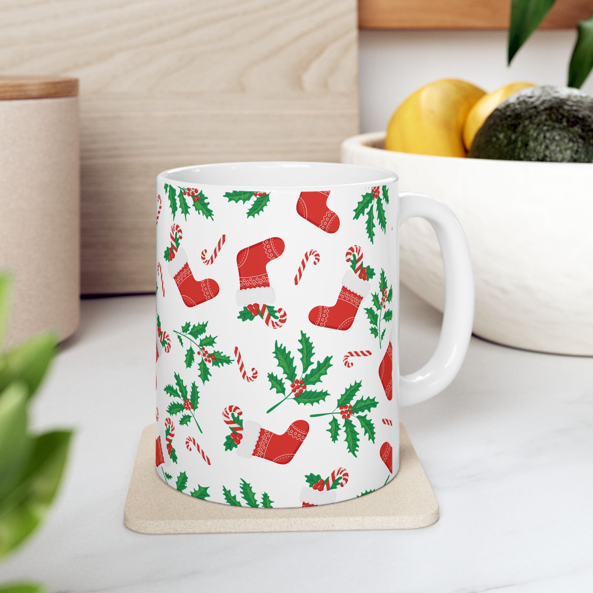 Christmas Stocking & Candy Cane Ceramic Mug — Holiday Pattern Coffee Cup (11oz, 15oz)