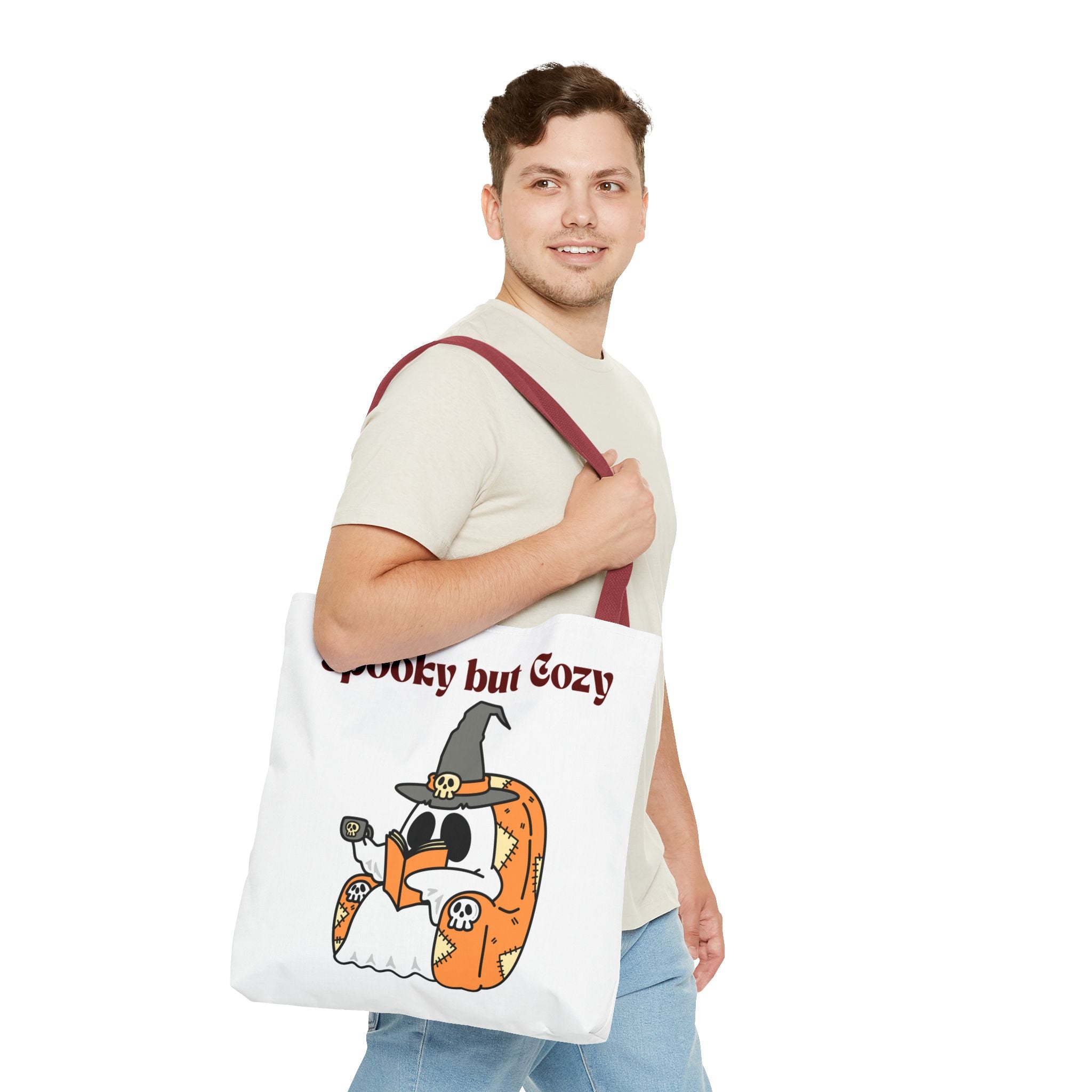 Spooky but Cozy Tote Bag | Fall Halloween Canvas Bag | Fun Gift for Witches, Ghost Lovers & Pumpkin Spice Fans
