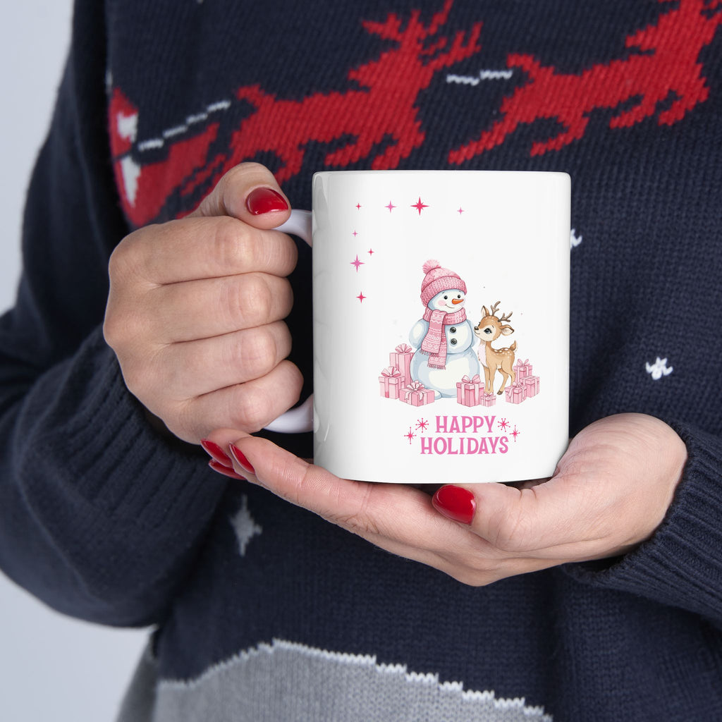 Christmas Reindeer & Pink Snowflakes Ceramic Mug (11oz, 15oz)