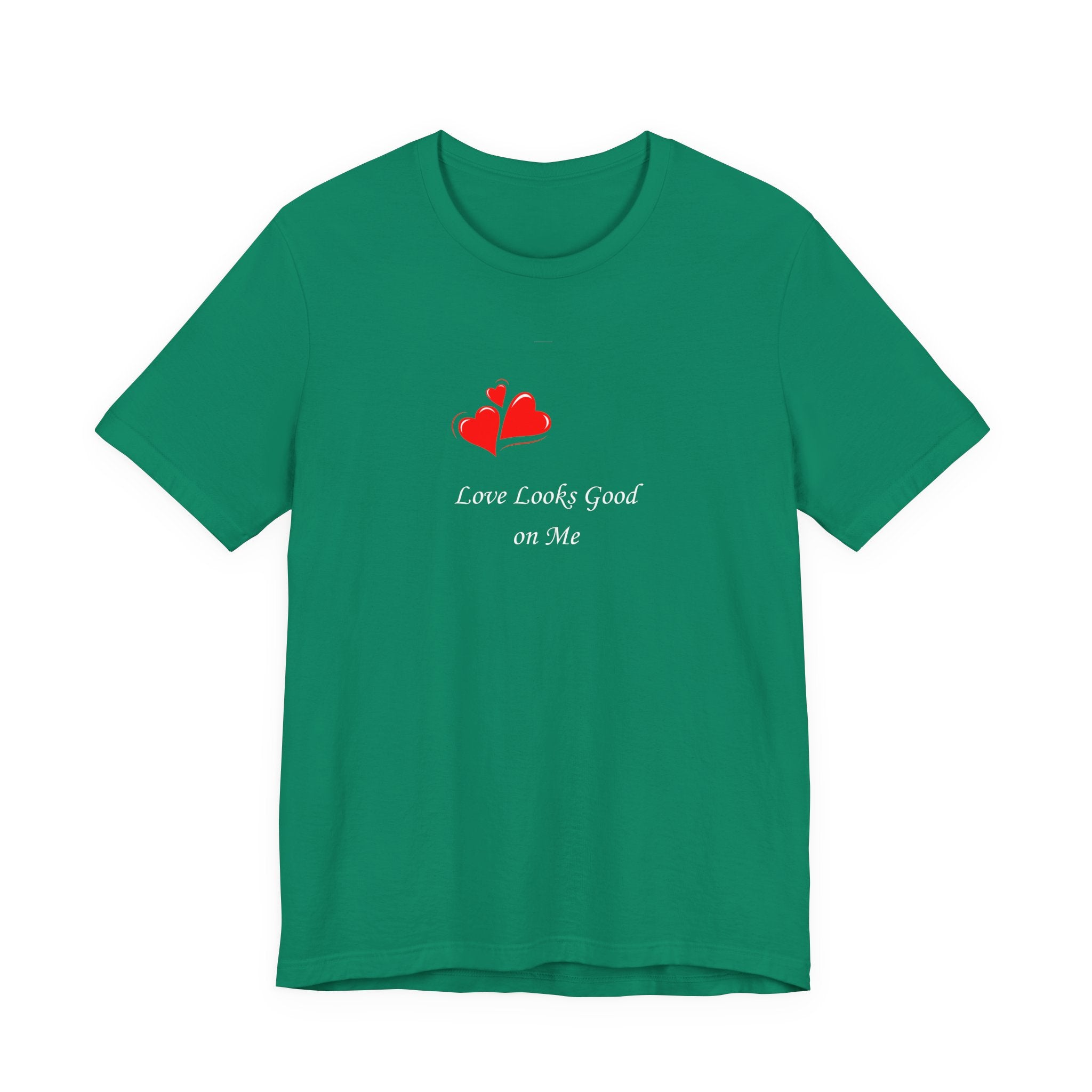 Green t-shirt with red heart design and text on a white background