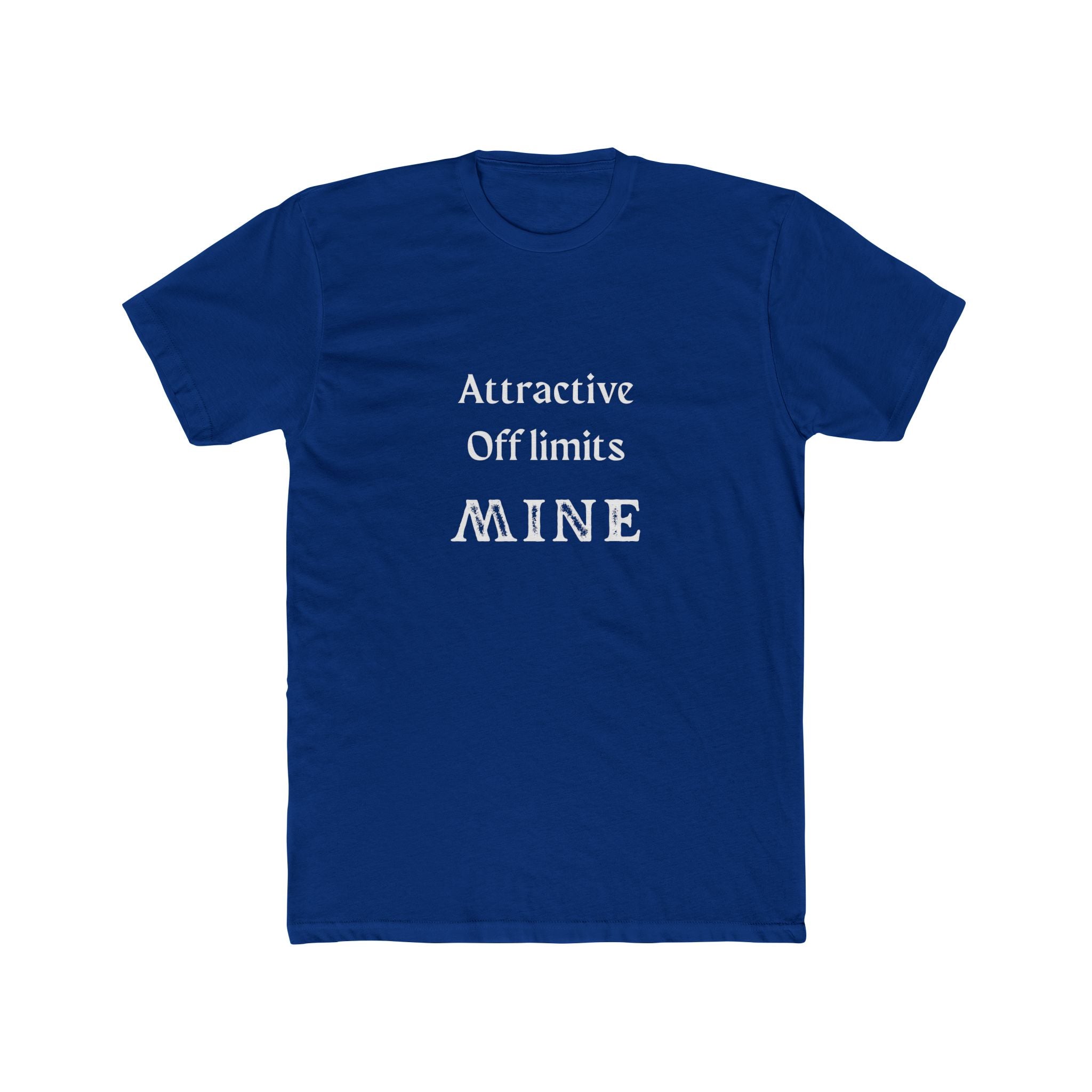 Blue t-shirt with white text on a white background