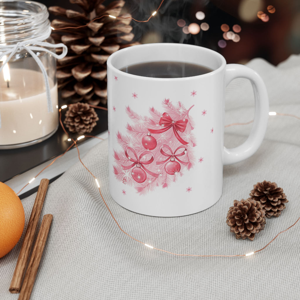 Christmas Reindeer & Pink Snowflakes Ceramic Mug (11oz, 15oz)