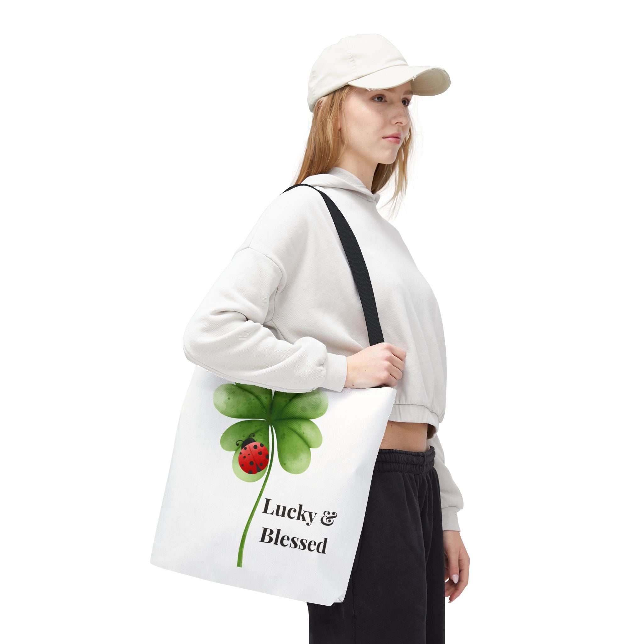 Lucky Girl Energy Tote Bag, Aesthetic Canvas Tote Bag, Cute Everyday Bag, Minimalist Ladybug Clover Tote