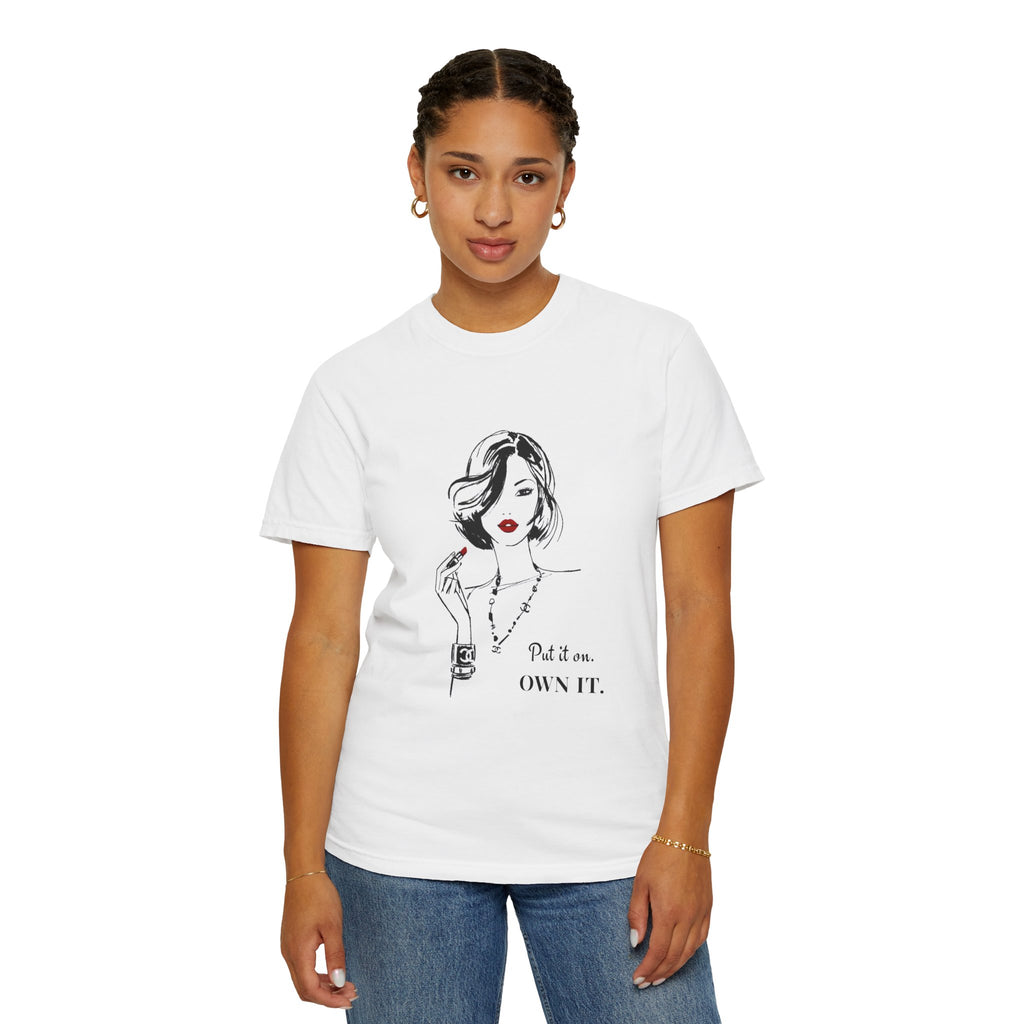 Person wearing a white t-shirt with text and graphics on a white background