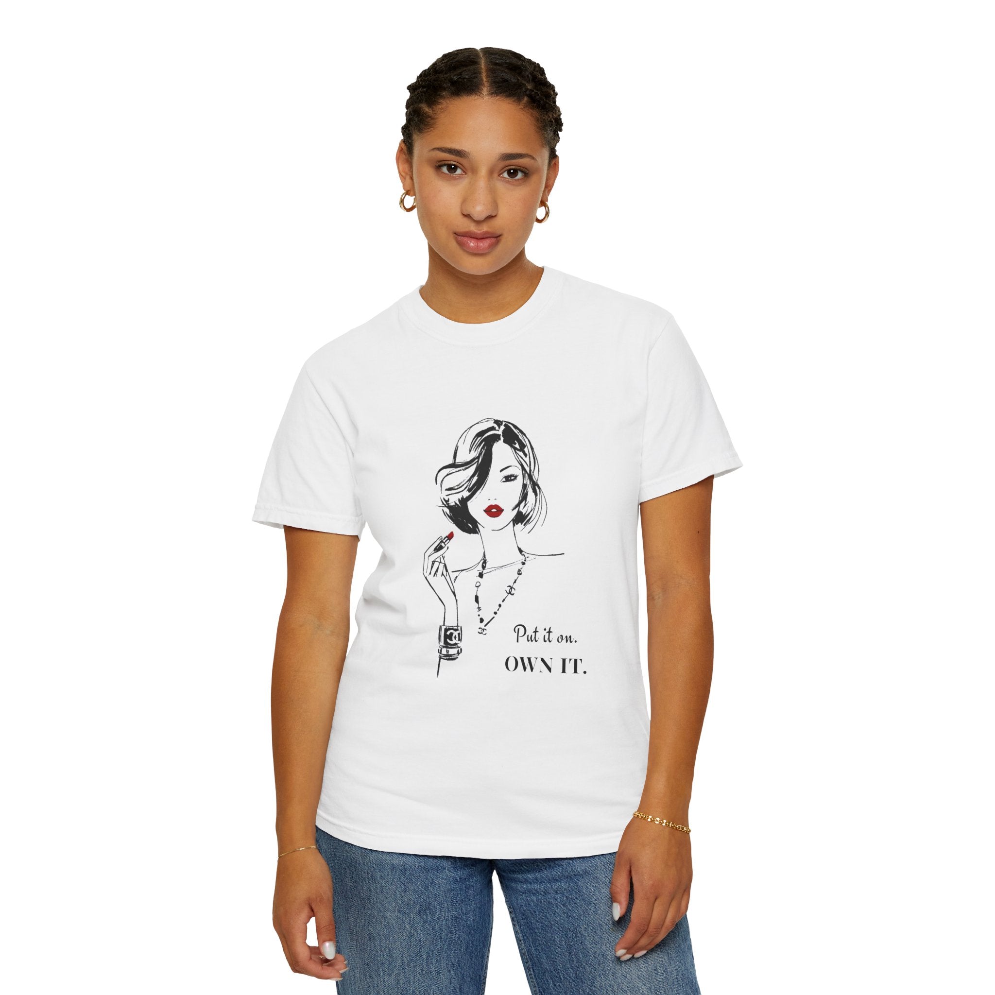 Person wearing a white t-shirt with text and graphics on a white background