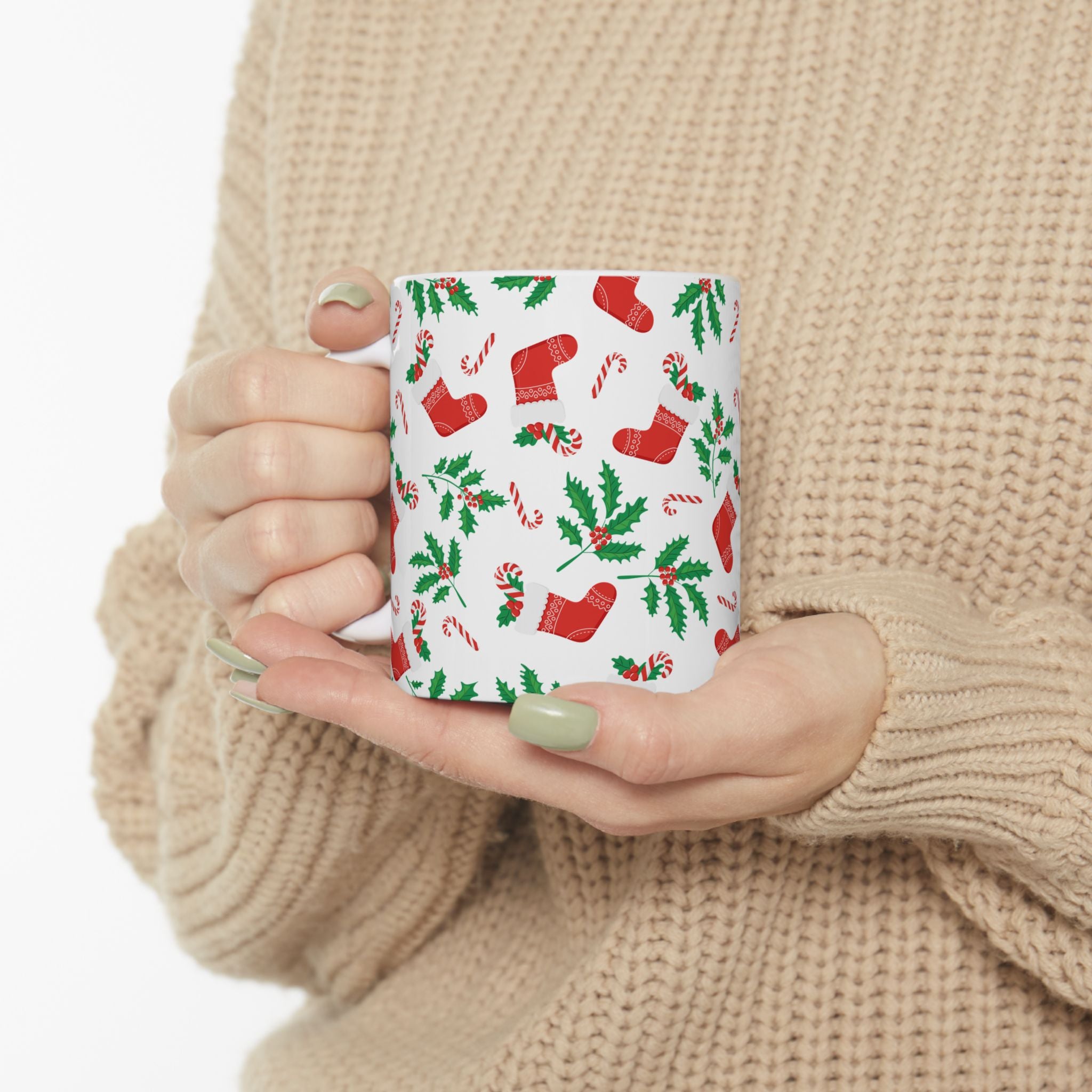 Christmas Stocking & Candy Cane Ceramic Mug — Holiday Pattern Coffee Cup (11oz, 15oz)