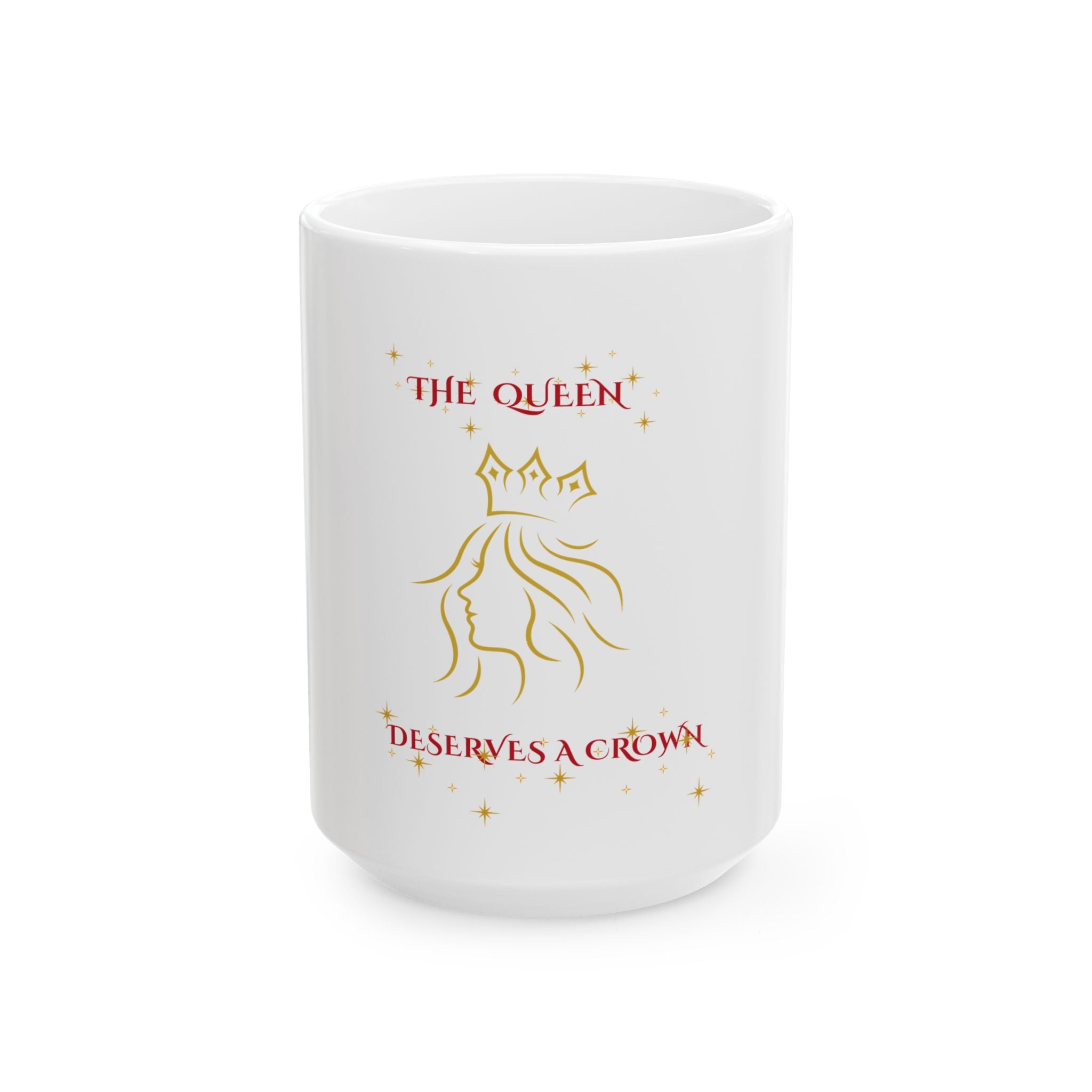 White mug with 'The Queen Deserves a Crown' text and design on a white background