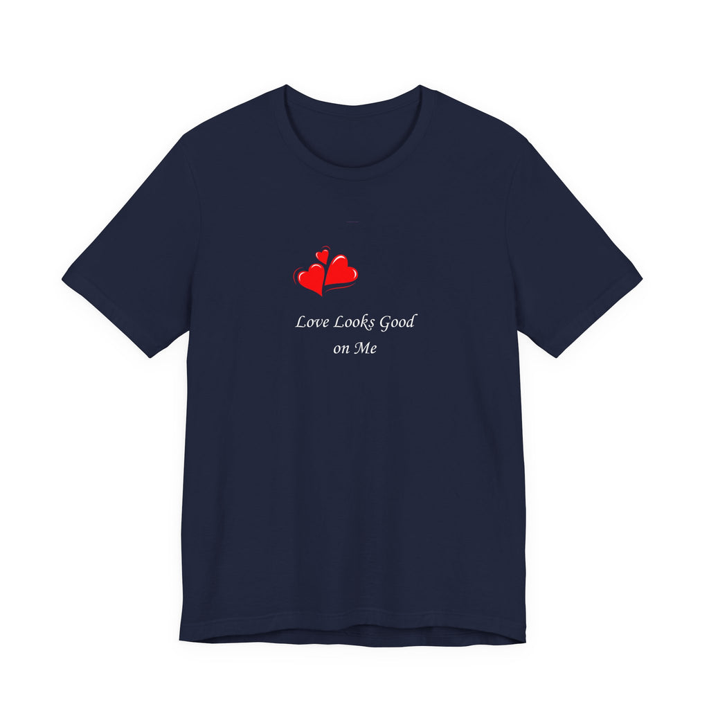 Navy blue t-shirt with red heart design and text on a white background