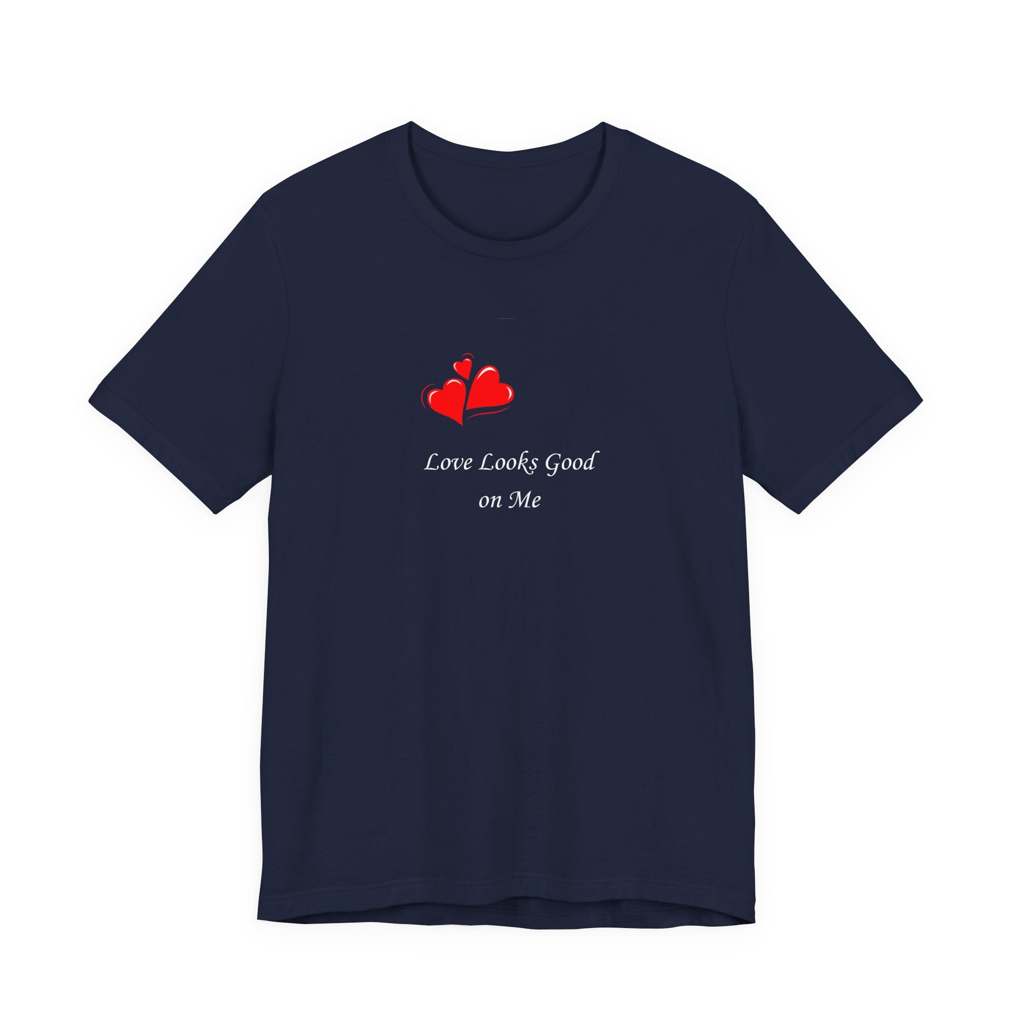 Navy blue t-shirt with red heart design and text on a white background