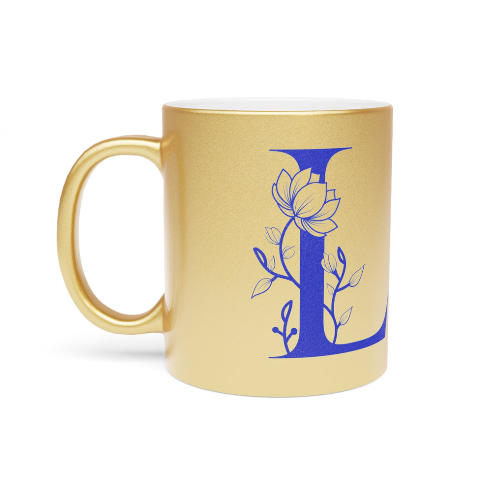 Metallic Floral Monogram Mug — Letter L Silver/Gold Coffee Cup