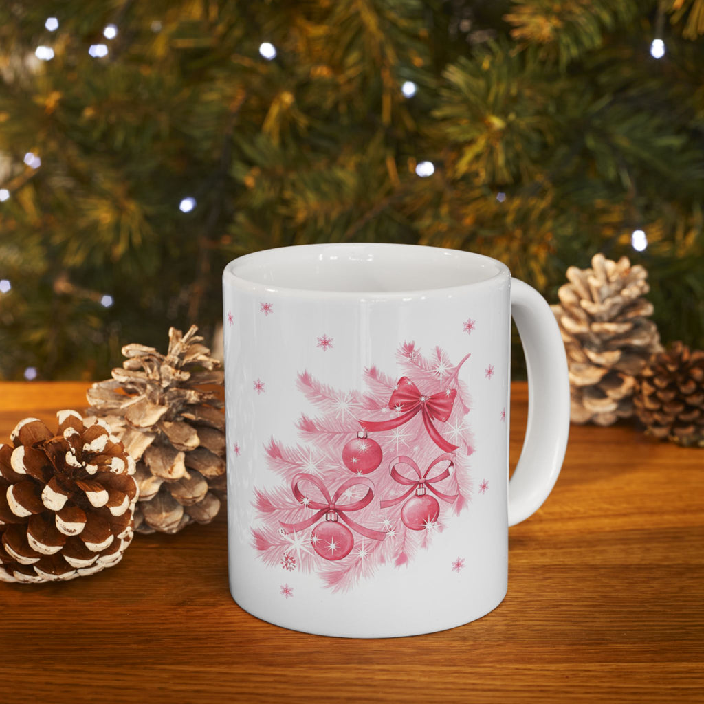 Christmas Reindeer & Pink Snowflakes Ceramic Mug (11oz, 15oz)