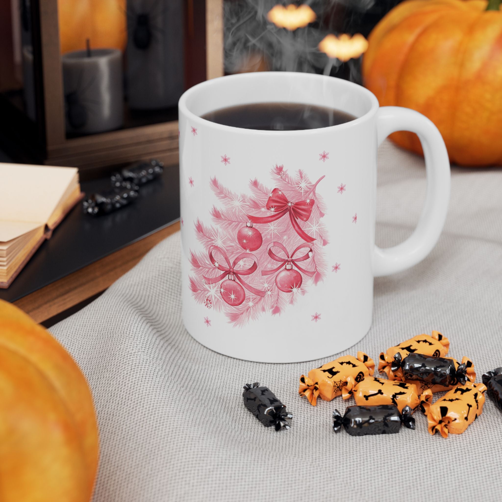 Christmas Reindeer & Pink Snowflakes Ceramic Mug (11oz, 15oz)