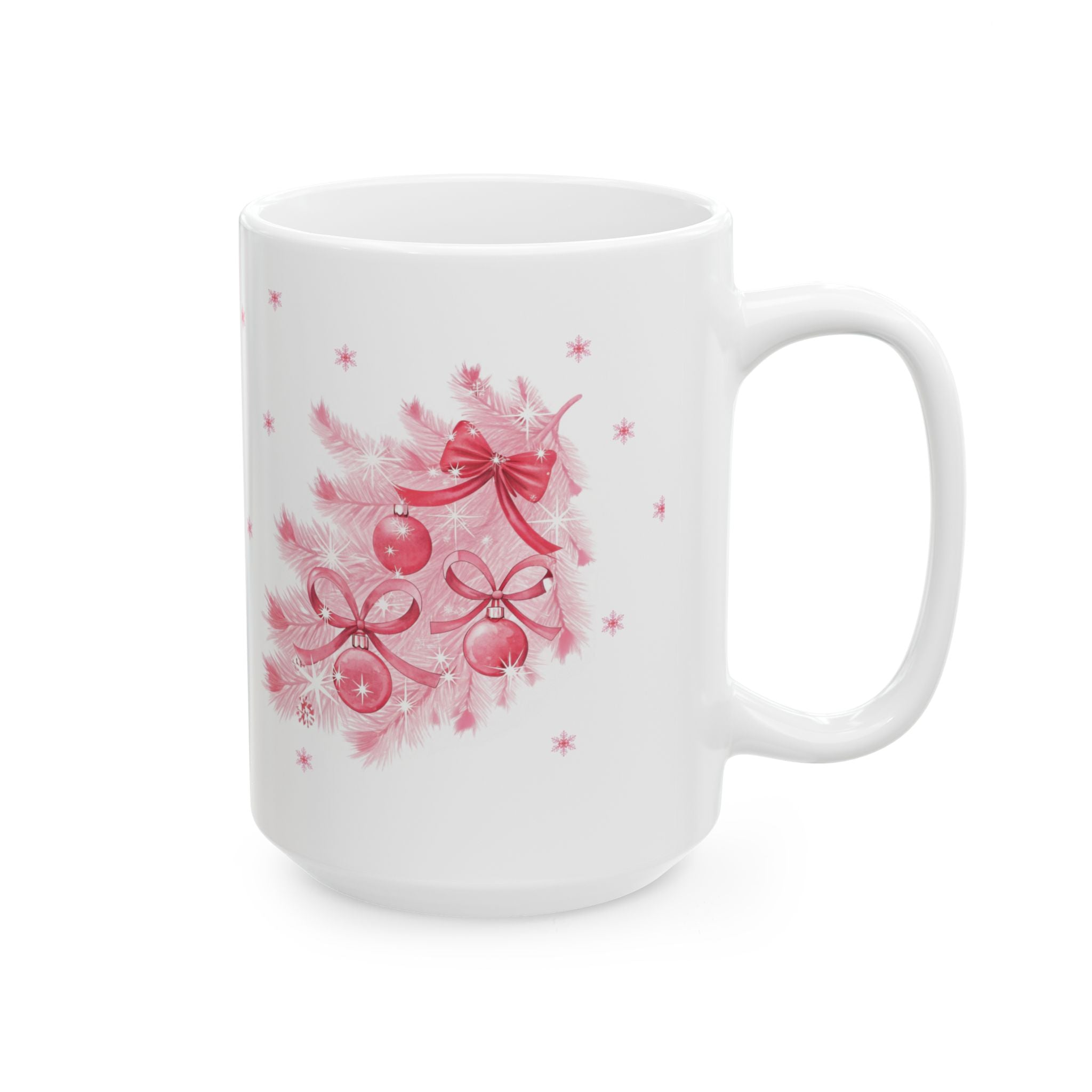 Christmas Reindeer & Pink Snowflakes Ceramic Mug (11oz, 15oz)