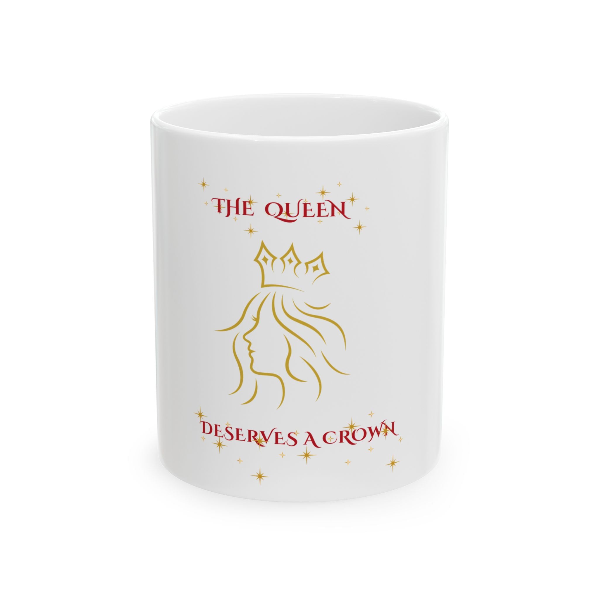 White mug with 'The Queen Deserves a Crown' text and design on a white background