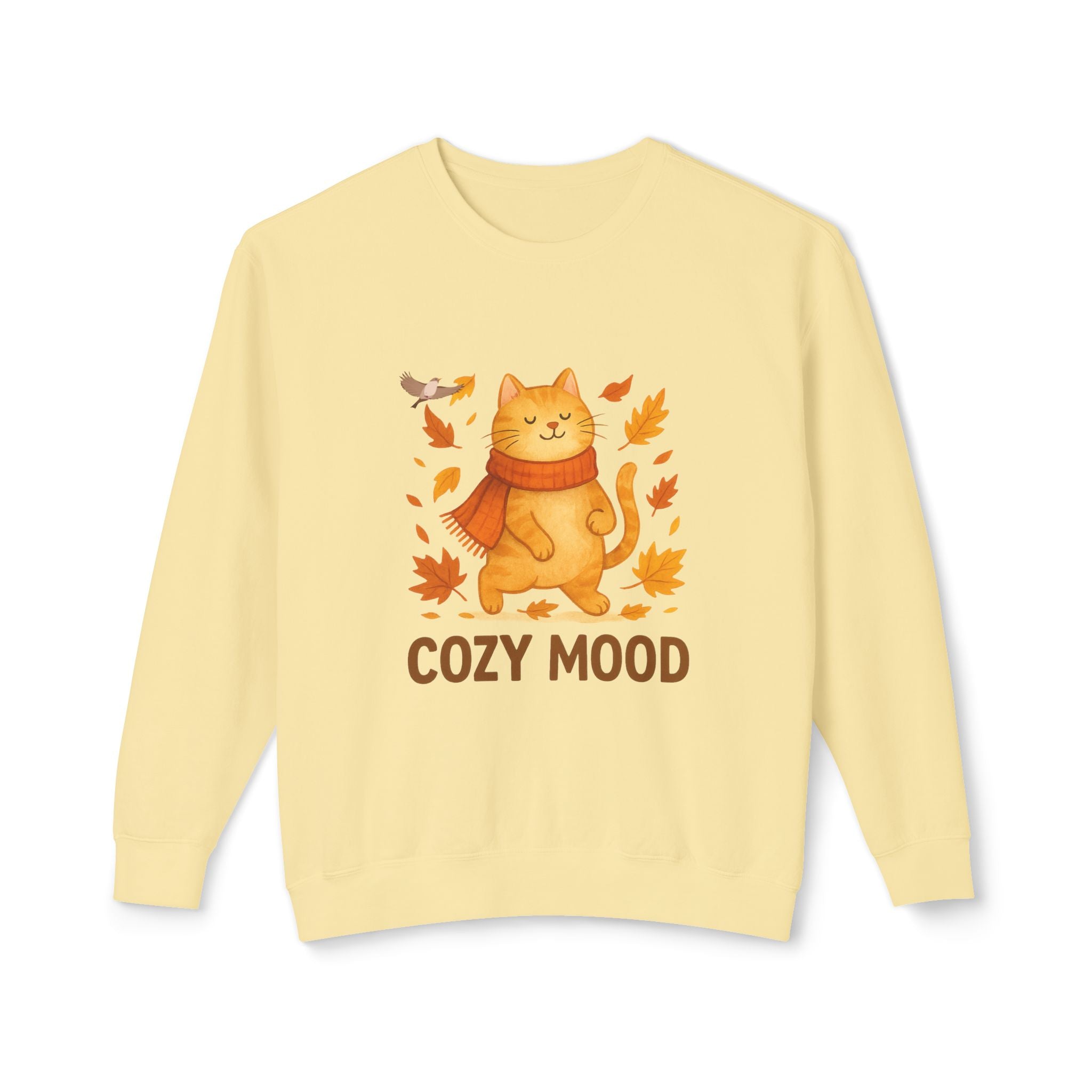 Yellow sweatshirt with a cat wearing a scarf and 'Cozy Mood' text on a white background