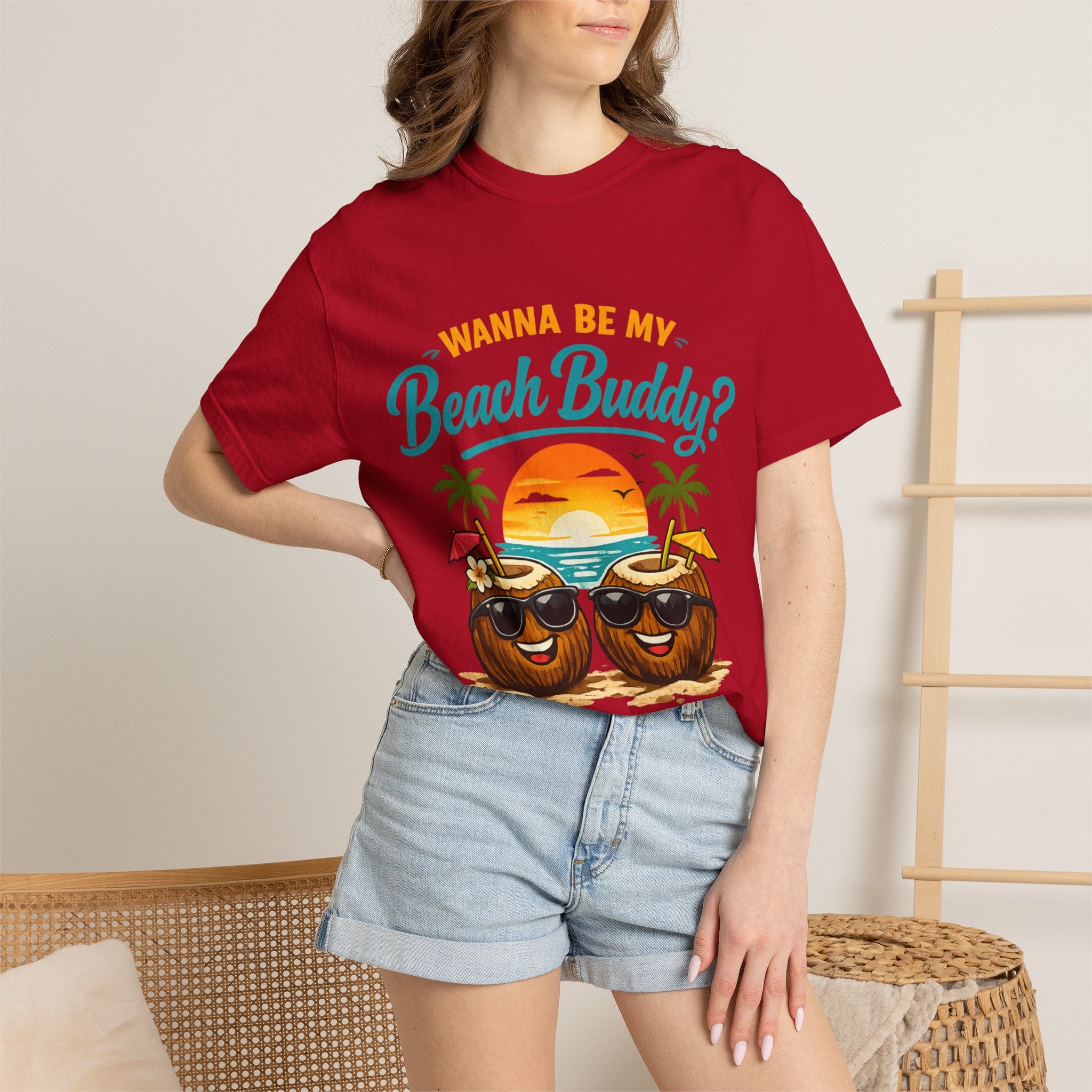 Beach Buddy T-Shirt — "Wanna Be My Beach Buddy?" Tropical Coconut Sunset Tee