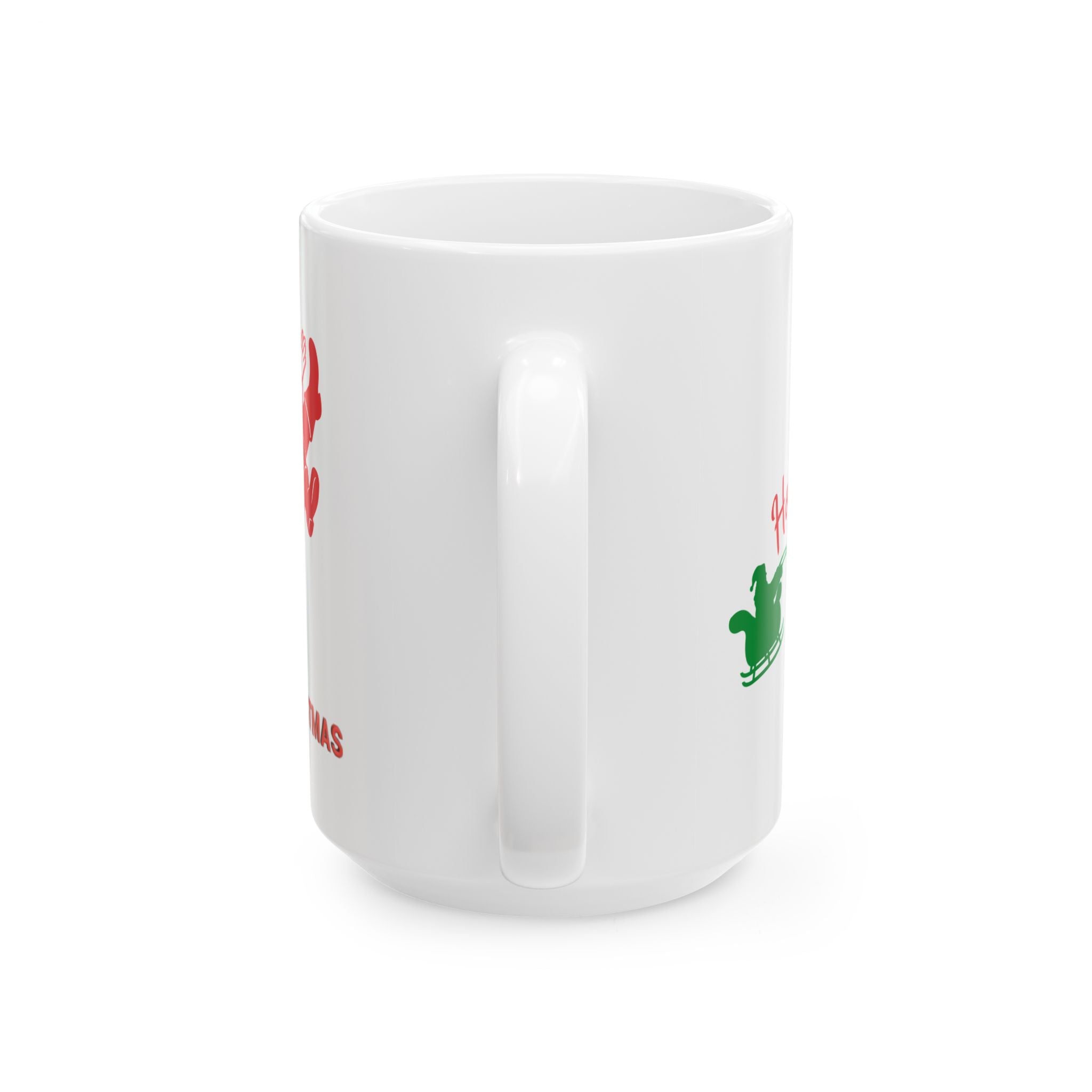 White mug with red and green designs on a white background