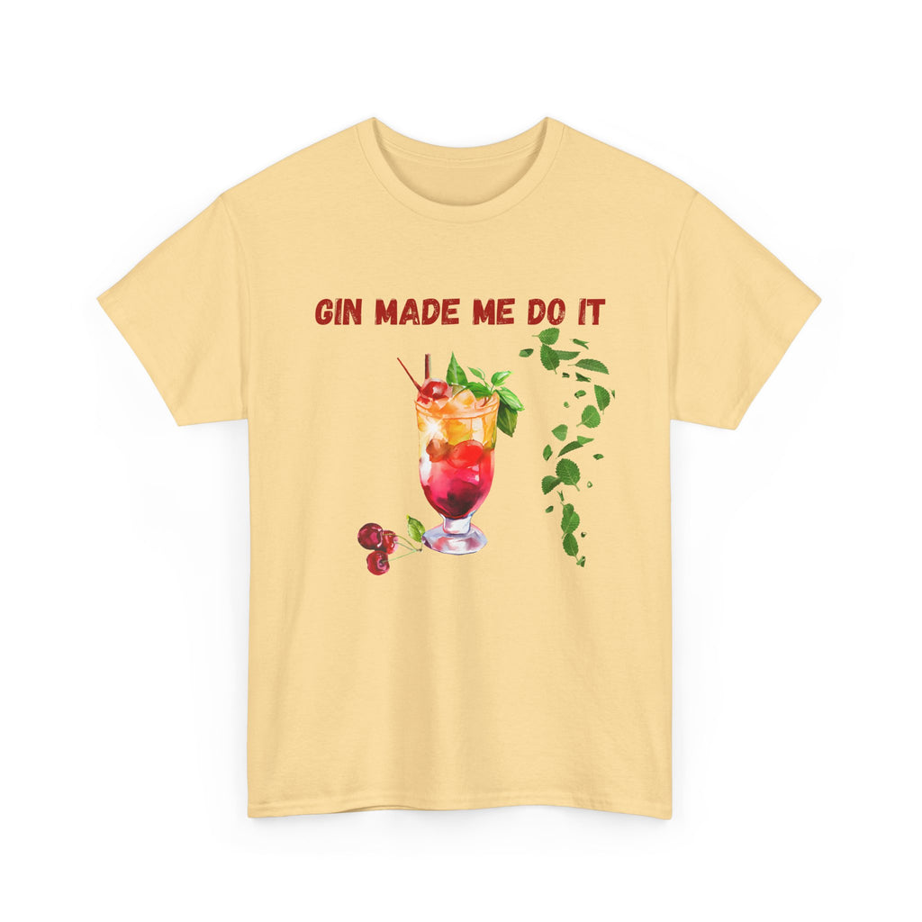 Yellow t-shirt with a graphic of a cocktail and text 'Gin Made Me Do It' on a white background