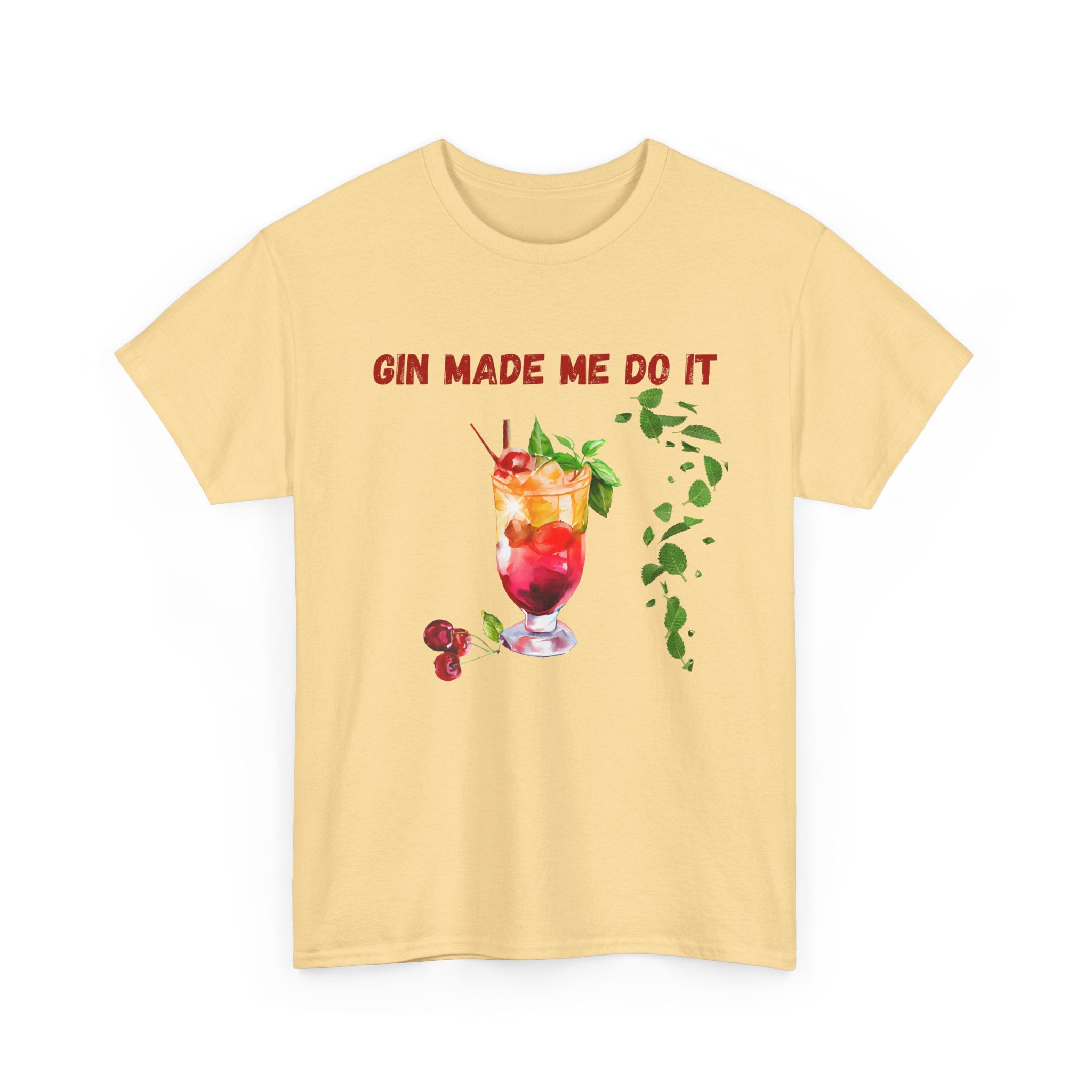 Yellow t-shirt with a graphic of a cocktail and text 'Gin Made Me Do It' on a white background