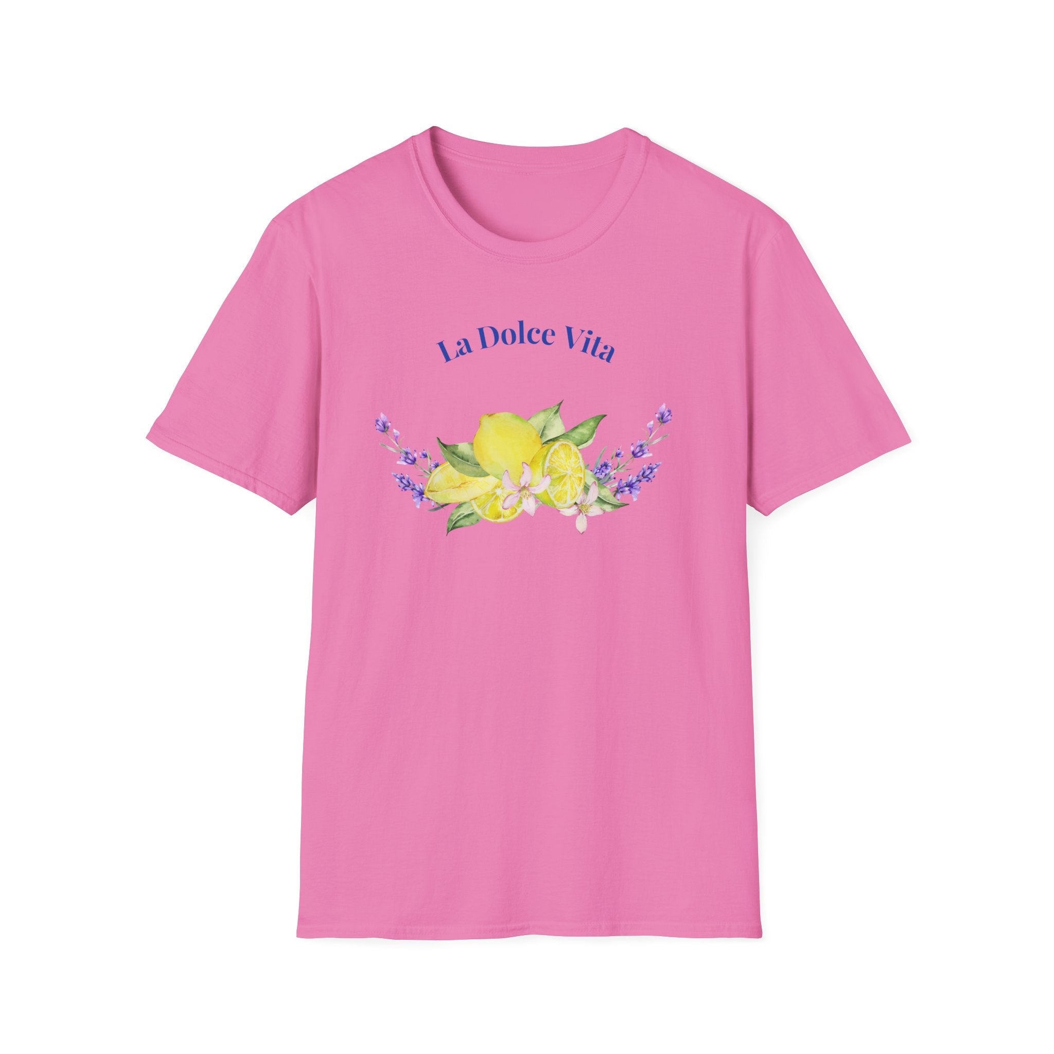 Pink t-shirt with 'La Dolce Vita' and floral design on a white background