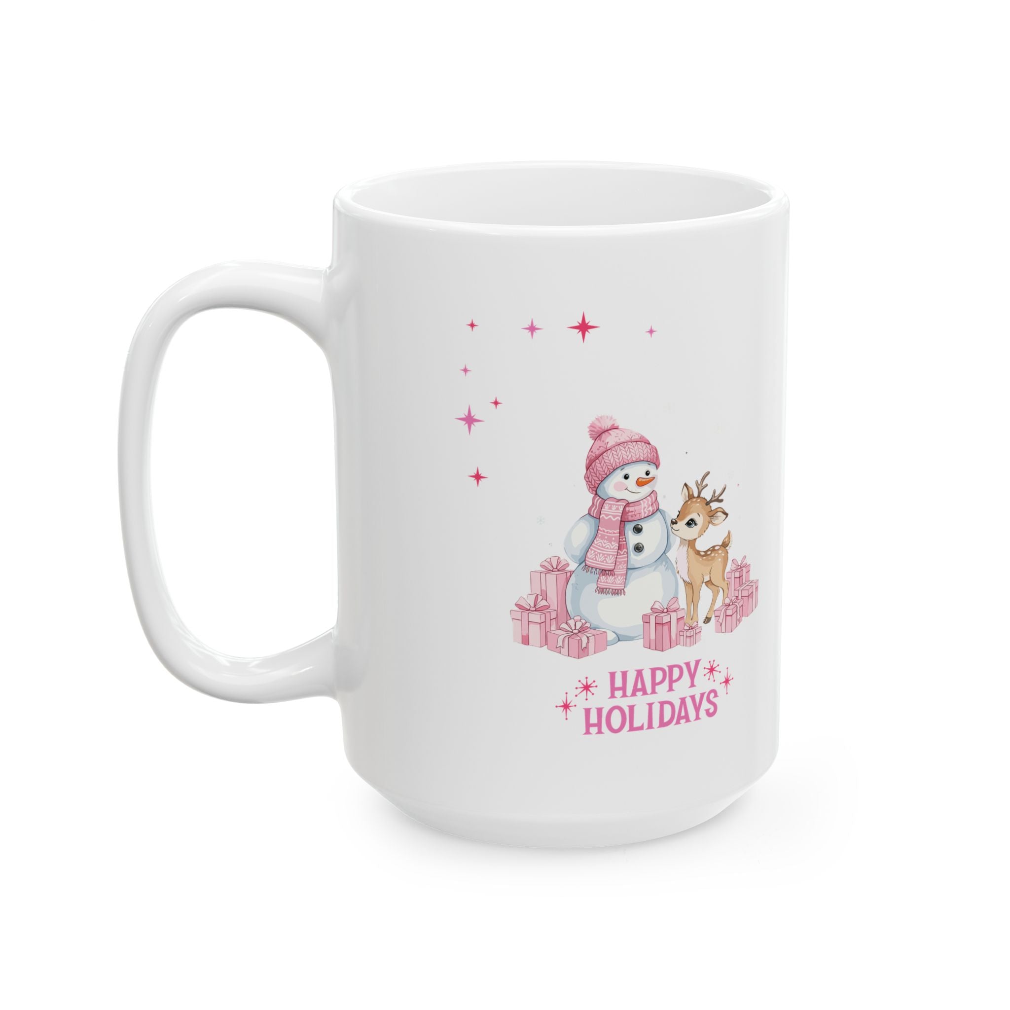Christmas Reindeer & Pink Snowflakes Ceramic Mug (11oz, 15oz)