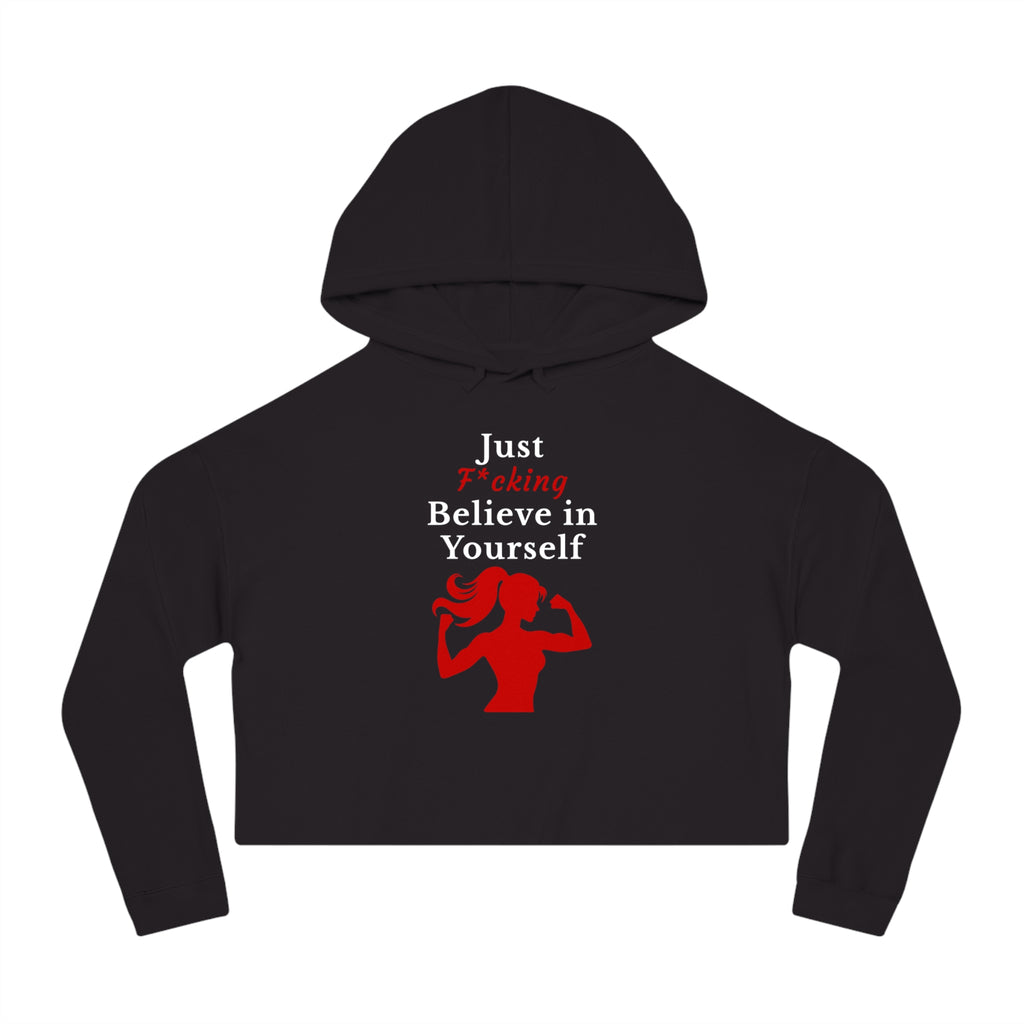 Black cropped hoodie with motivational text and graphic on a white background