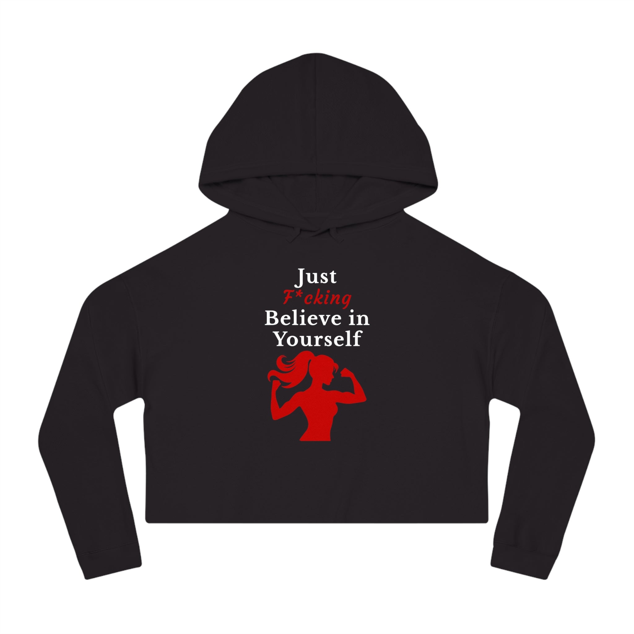 Black cropped hoodie with motivational text and graphic on a white background