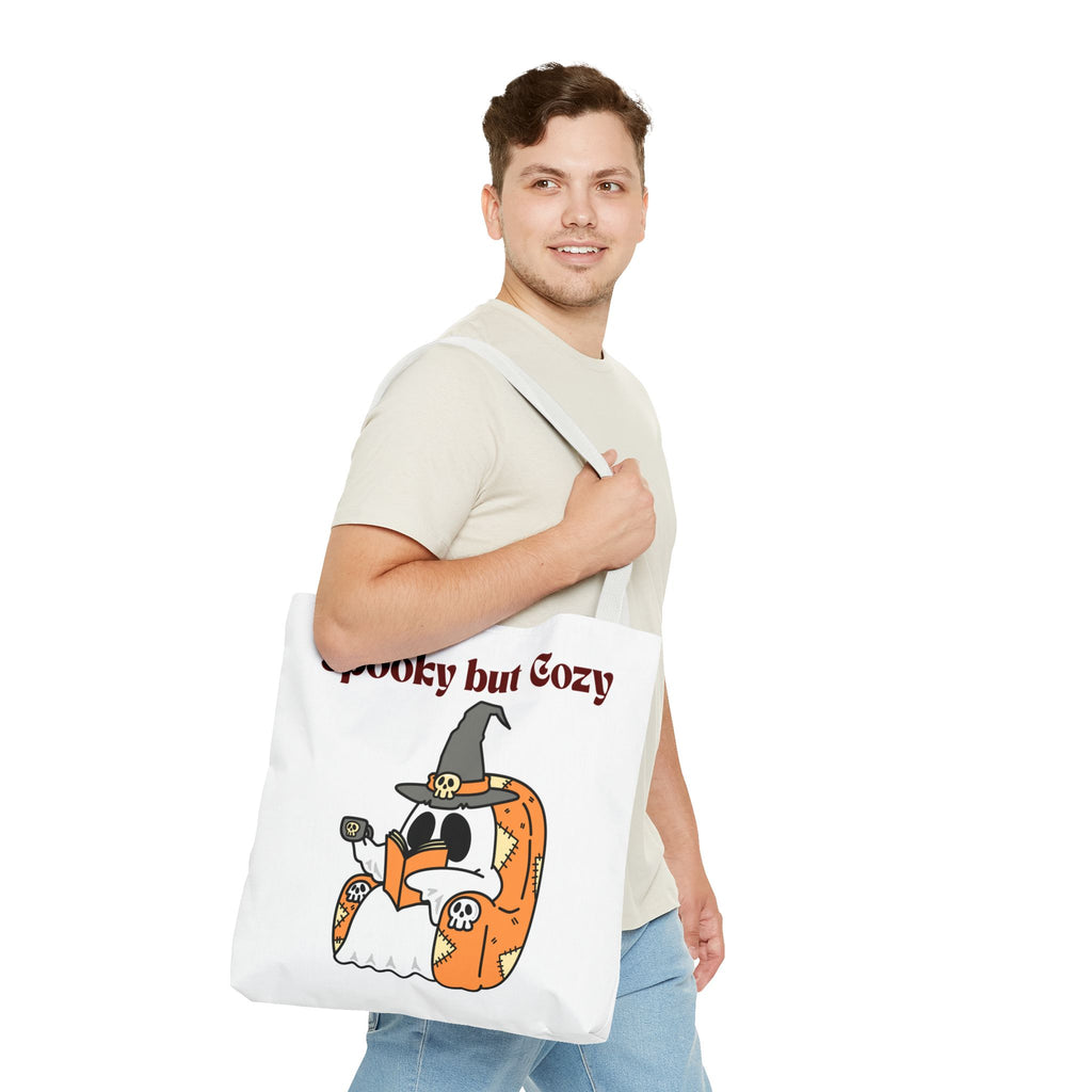 Spooky but Cozy Tote Bag | Fall Halloween Canvas Bag | Fun Gift for Witches, Ghost Lovers & Pumpkin Spice Fans